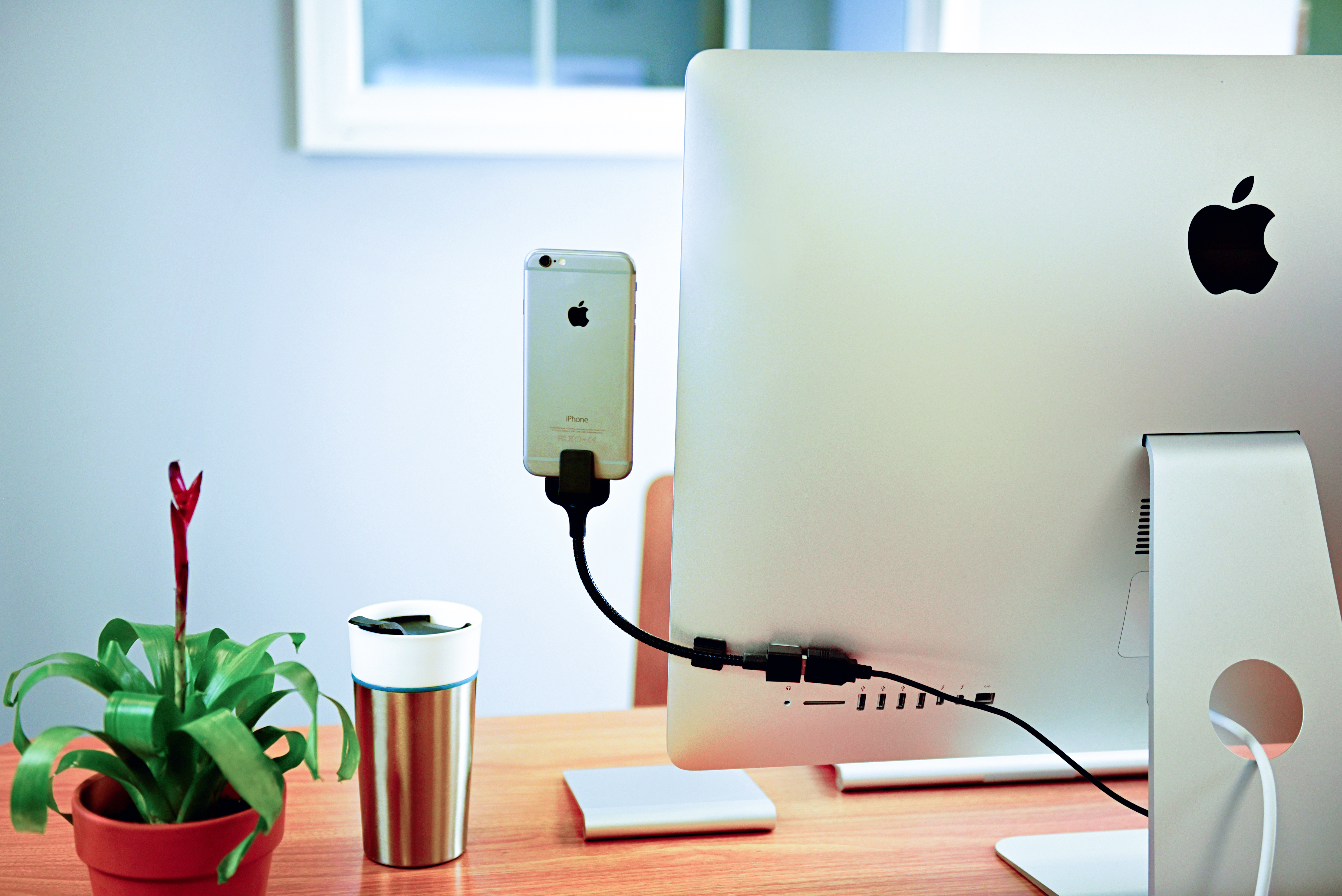 iPhone aangesloten op de achterkant van een computerscherm. Koffiemok en plant op het bureau.