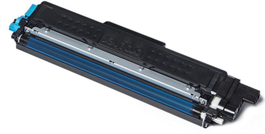 Cartouche de toner Brother, noire et bleue. Sur une surface blanche.