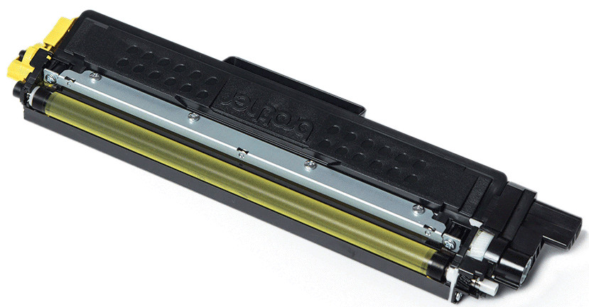 Cartouche de toner jaune avec boîtier en plastique noir, pour imprimante.