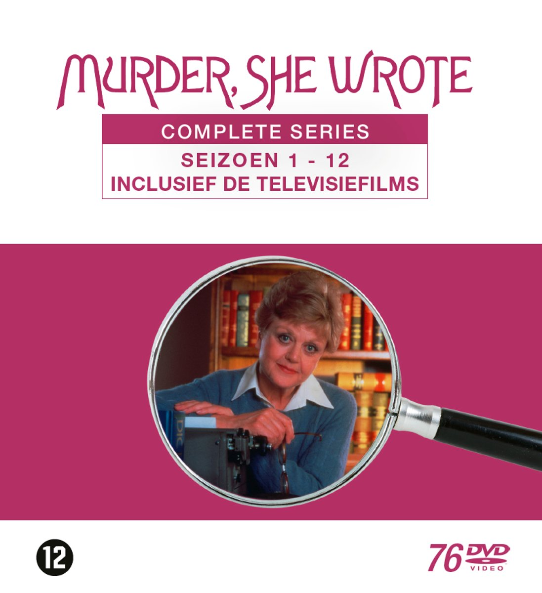 DVD-set cover: "Murder, She Wrote" met Angela Lansbury in een vergrootglas.