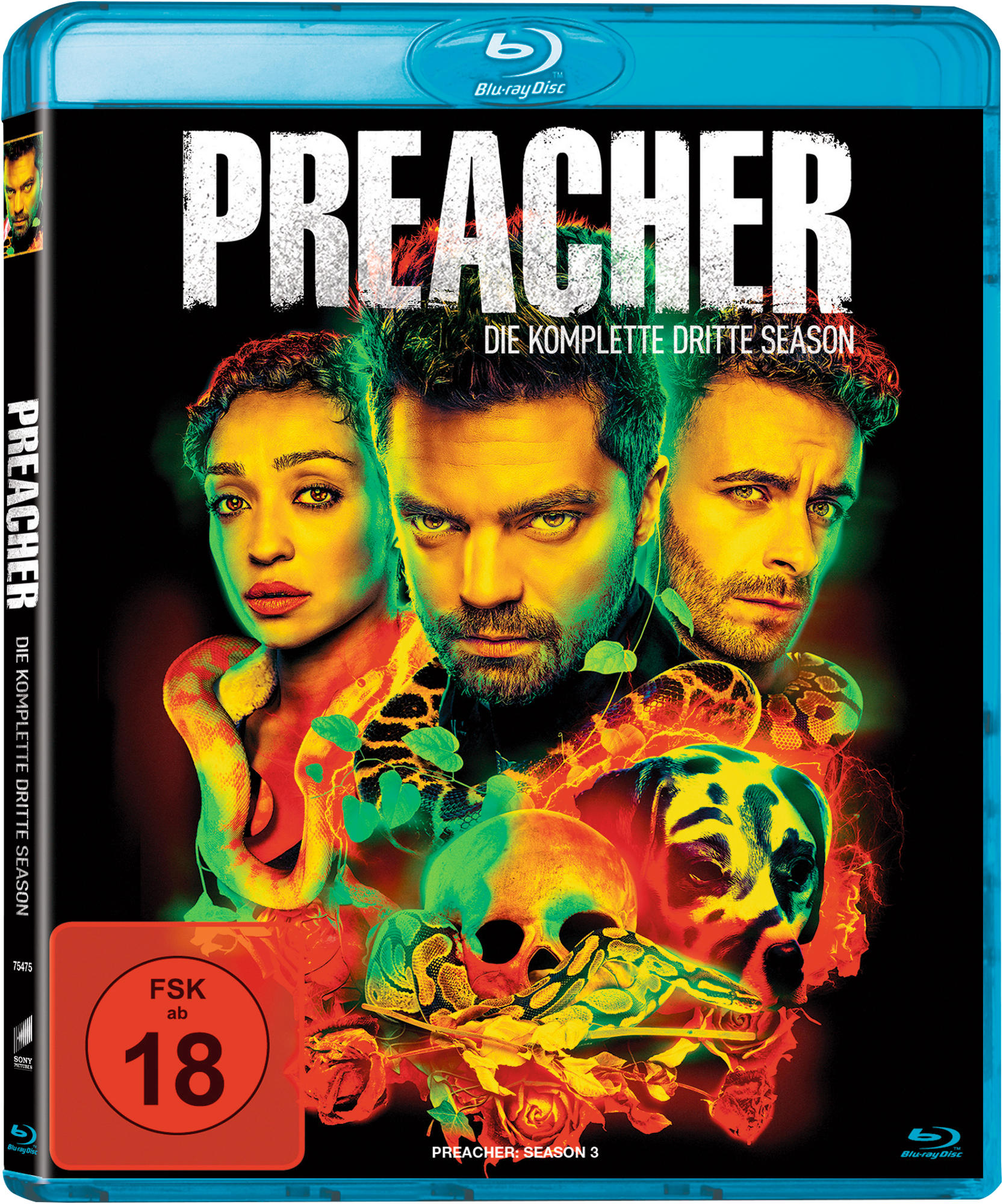 Blu-ray-Hülle. Die Vorderseite zeigt drei Personen, Totenköpfe und den Titel 'PREACHER'.