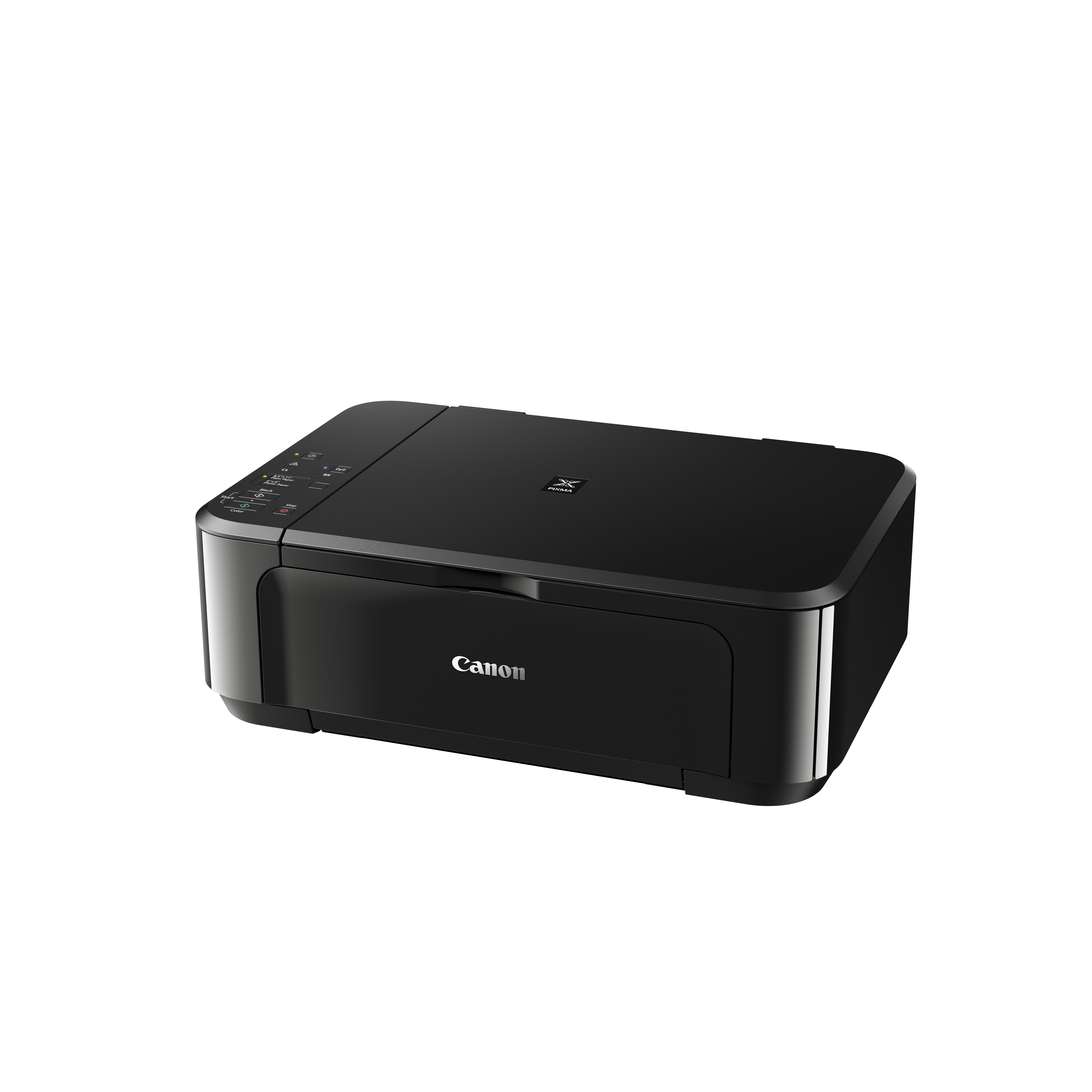 Ein schwarzer Canon-Drucker auf weißem Hintergrund. Er hat das Canon-Logo auf der Vorderseite.