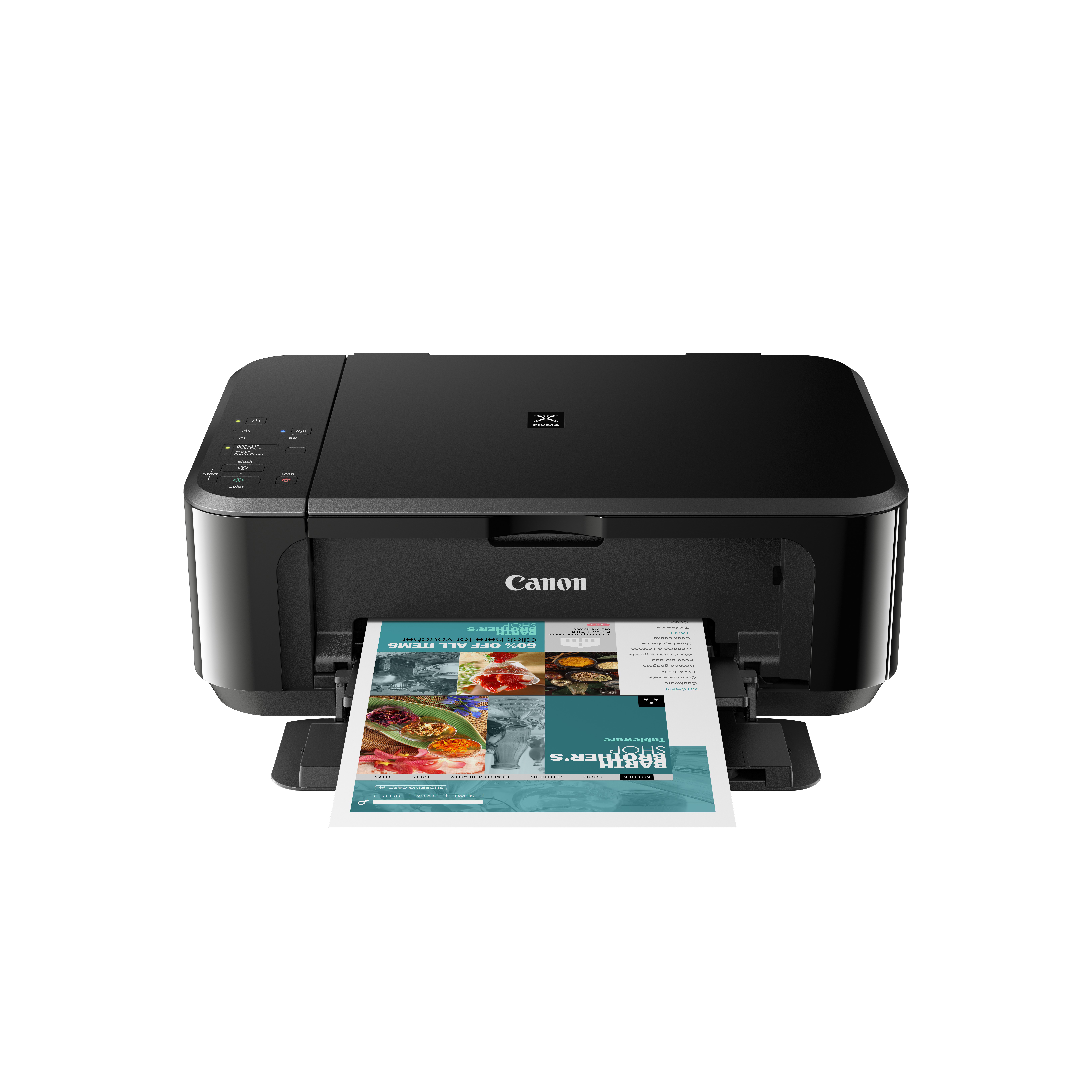 Schwarzer Canon-Drucker, der ein farbenfrohes Werbemittel ausdruckt, weißer Hintergrund.