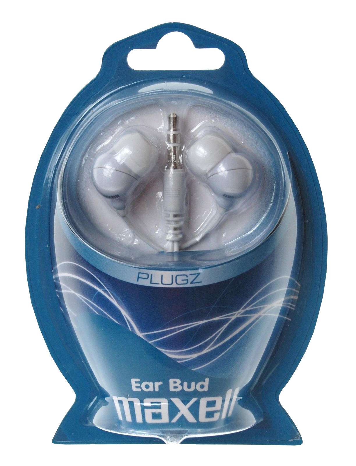 Fülhallgató kék műanyag csomagolásban. A csomagoláson a 'Ear Bud' és a 'maxell' felirat látható.