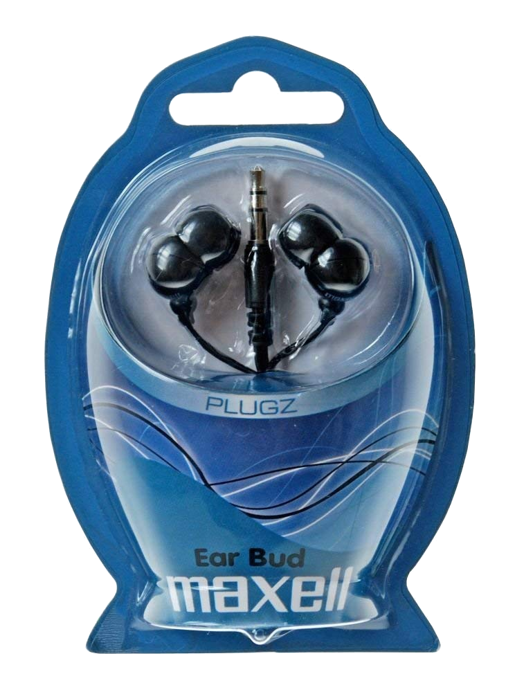 Fülhallgatók kék műanyag csomagolásban. A márkanév: 'maxell'.
