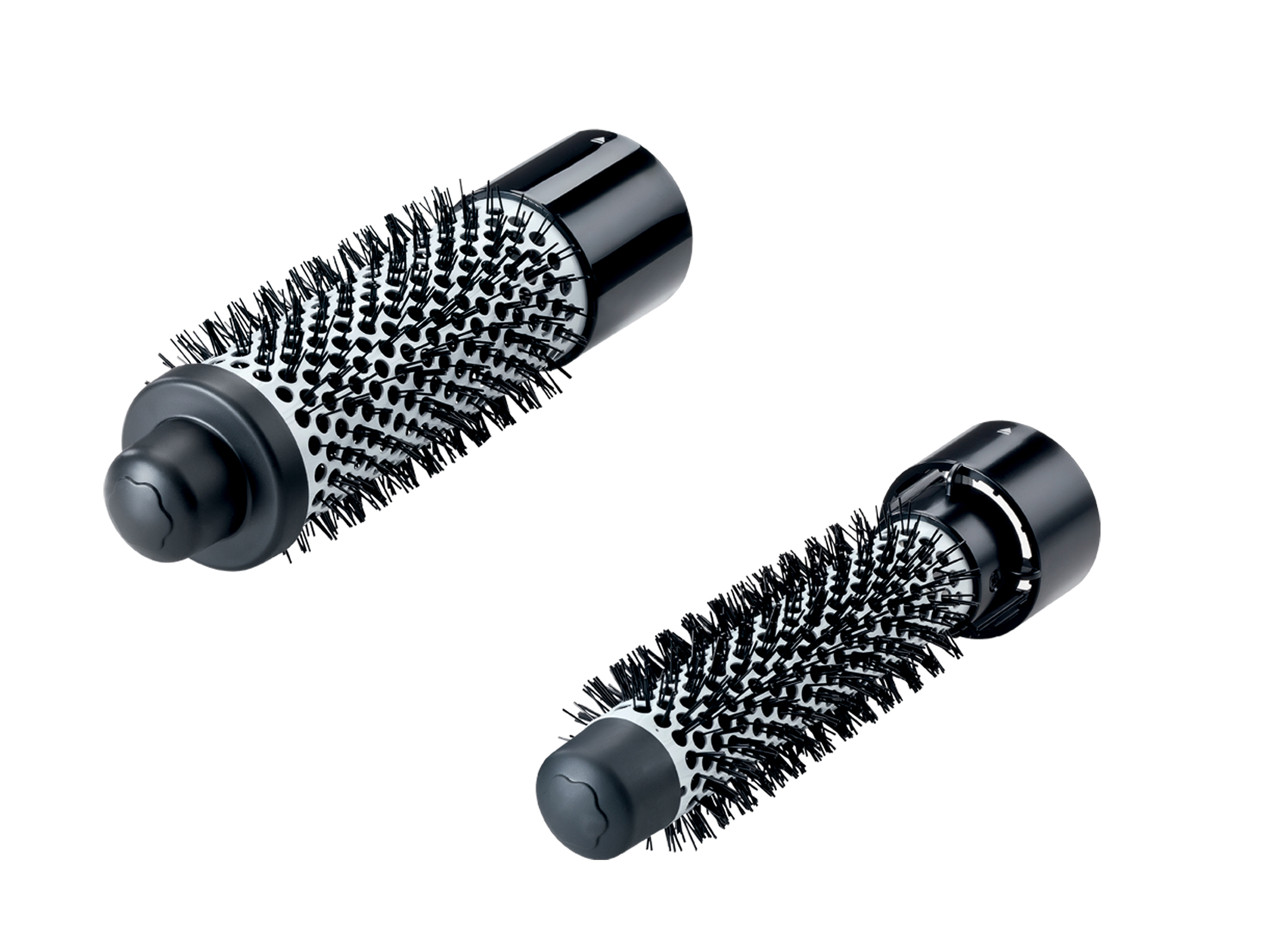 Zwei Haarstyling-Bürsten, schwarz und zylindrisch.