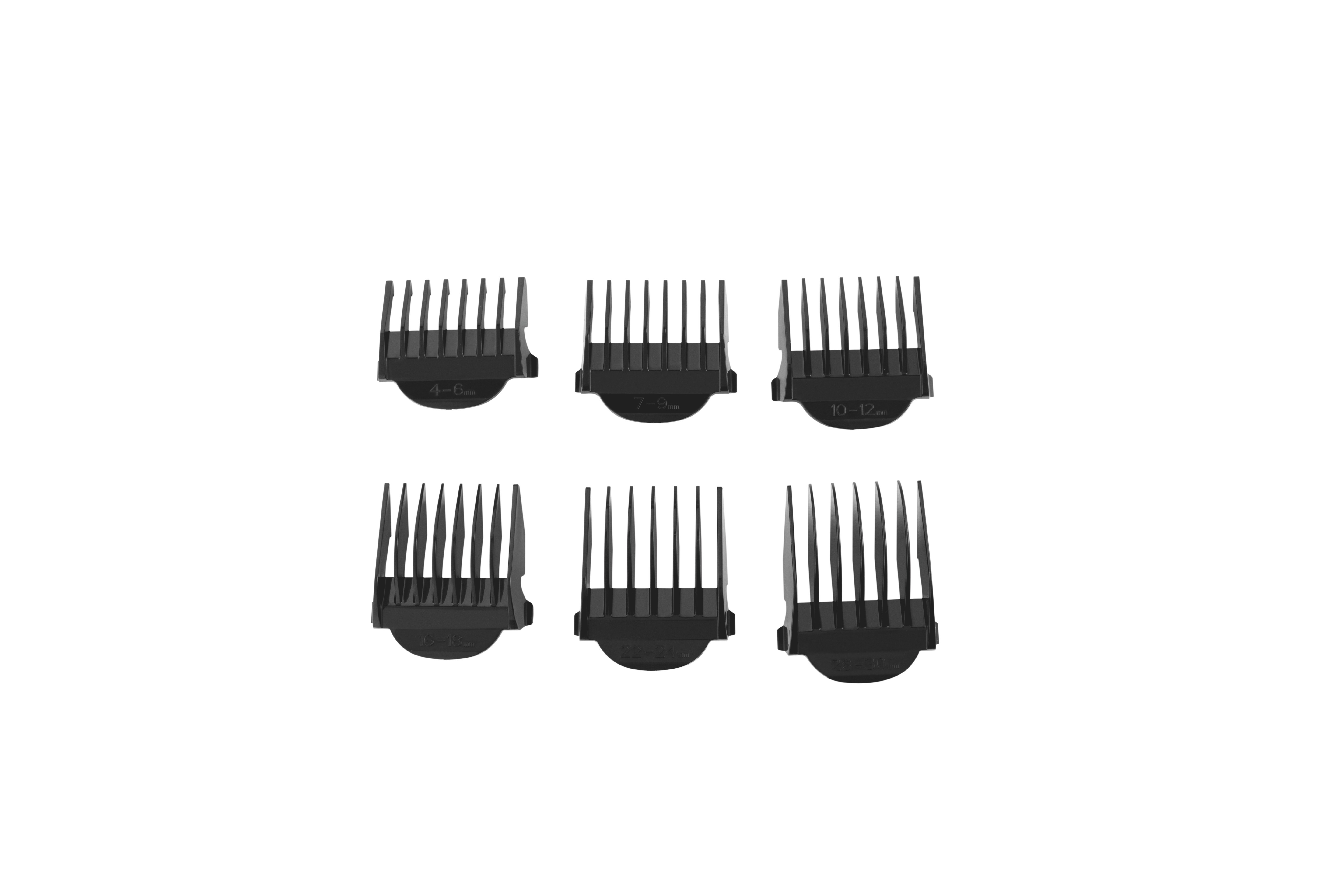 Sechs schwarze Haarschneideaufsätze verschiedener Längen, angeordnet auf weißem Untergrund.