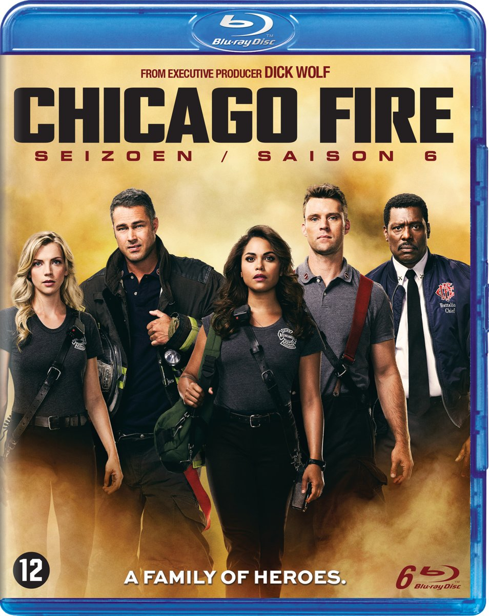 Blu-ray cover: Chicago Fire cast voor een brandweerkazerne. Tekst: Chicago Fire Seizoen 6, Een familie van helden.