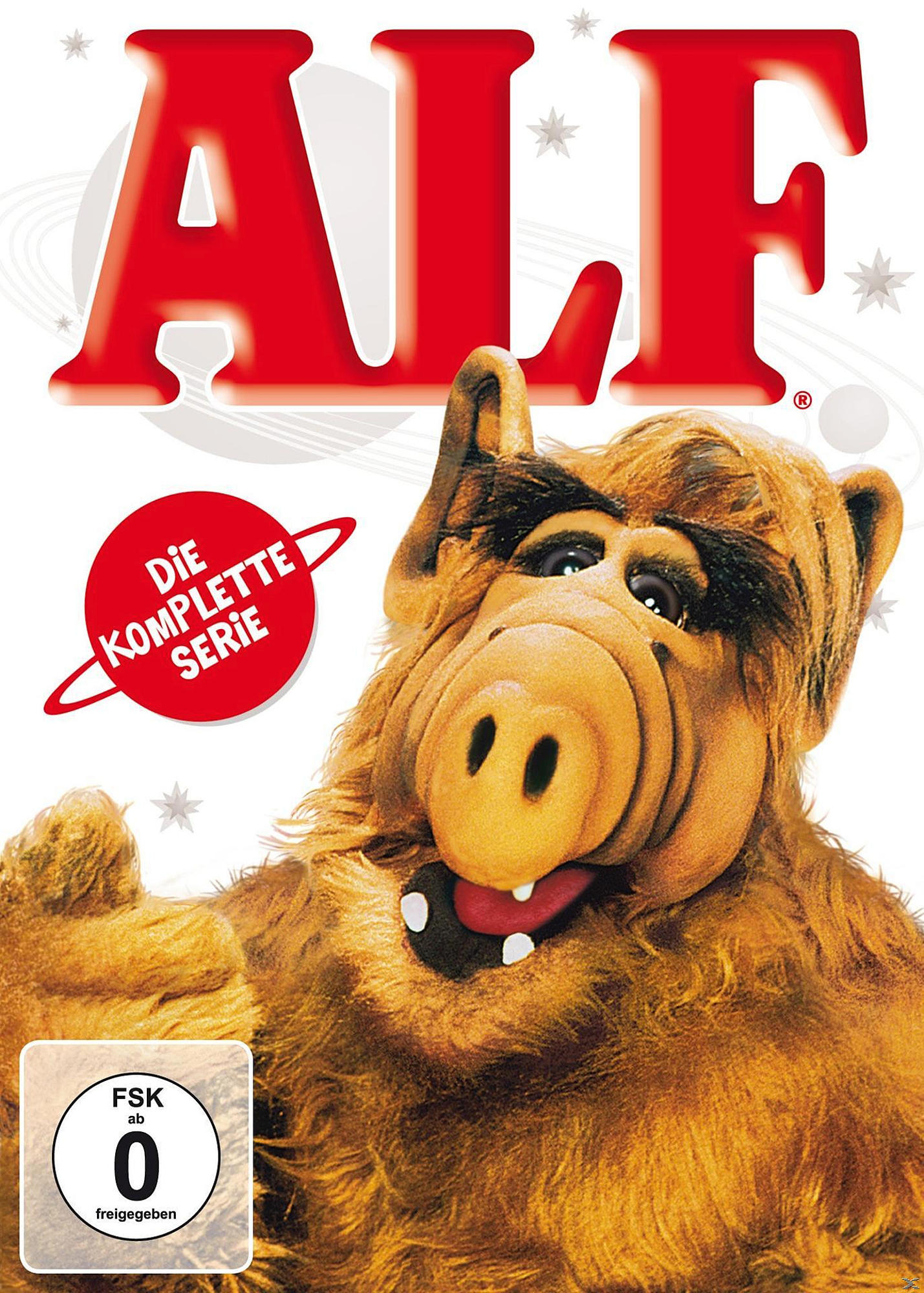 ALF DVD-Cover. Der Außerirdische lächelt. Der Text lautet "Die Komplette Serie".