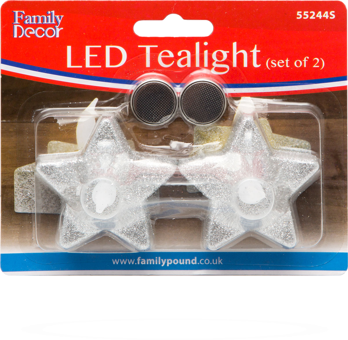 Csillag alakú LED teamécses készlet műanyag csomagolásban.