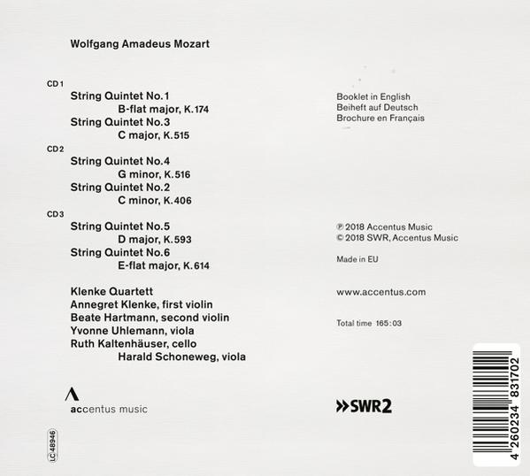 Rückseite der CD-Hülle mit Musikdetails. Der Text enthält Mozart, Streichquintette und Credits.