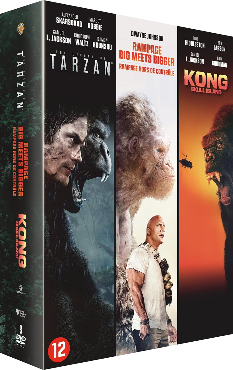 Drie filmposters: Tarzan, The Legend of Tarzan, Rampage en Kong: Skull Island. Elke poster toont acteurs en filmtitels.