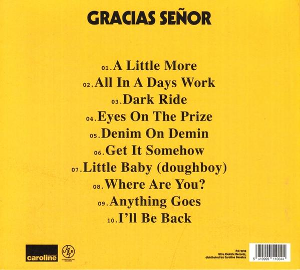 Gele achterkant van het album met de titel 'Gracias Señor'. De tracklist bevat nummers als 'A Little More' en 'I'll Be Back'.