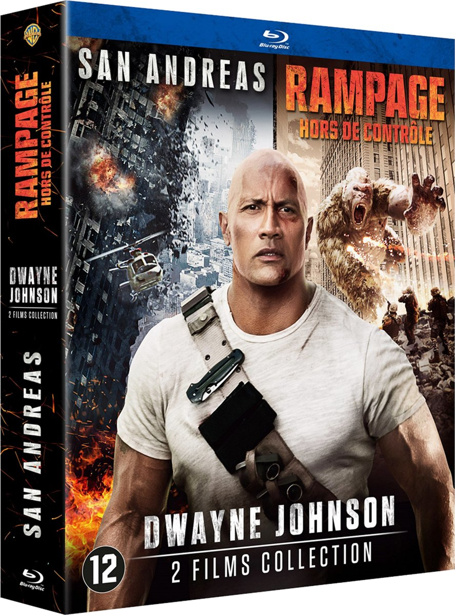 Coffret de films 'San Andreas' et 'Rampage', Dwayne Johnson. La couverture présente Dwayne Johnson et un singe géant.