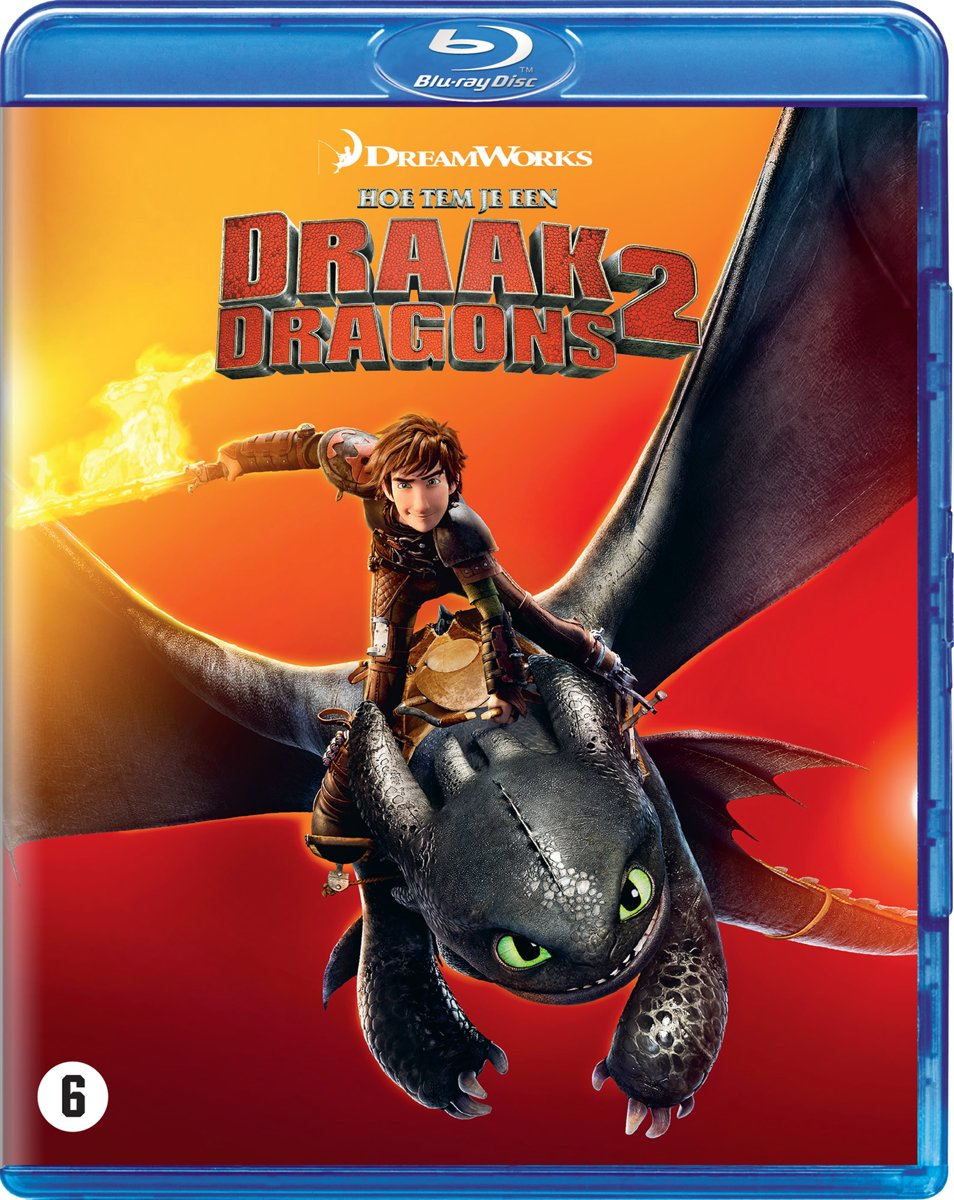 Blu-ray cover: een jongen op een draak, tekst in het Nederlands, oranje en blauwe achtergrond.