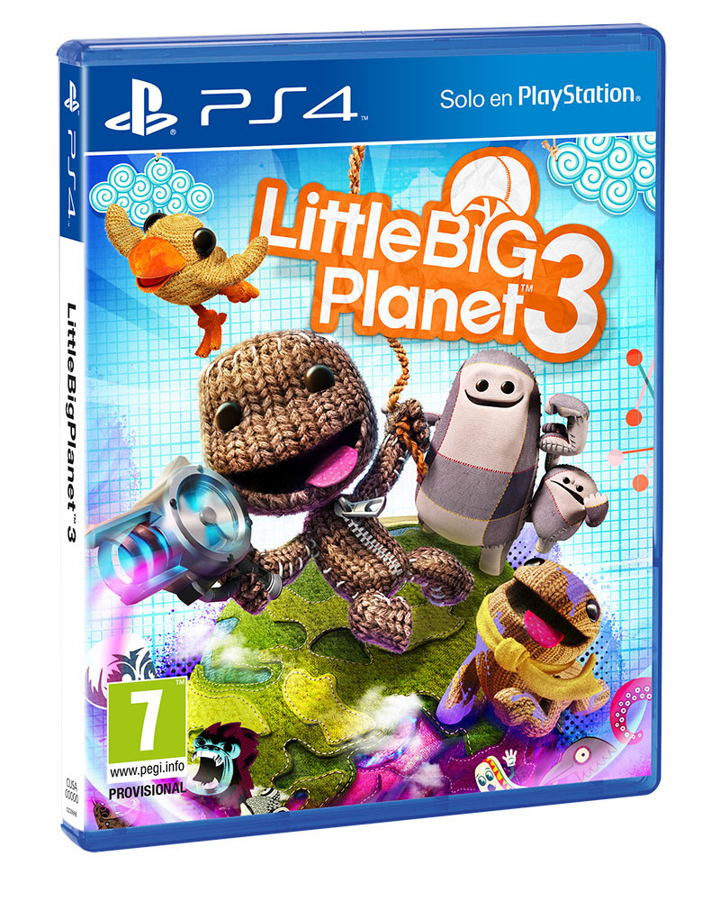 Caja del juego PS4: Little Big Planet 3, con personajes y detalles del juego.