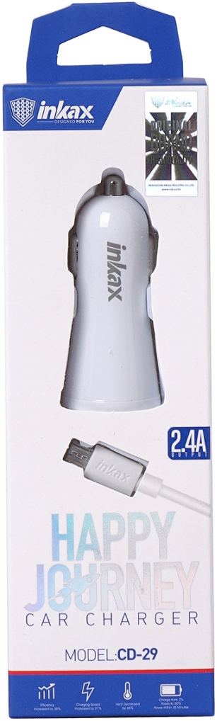 Fehér autós töltő dobozban, USB kábellel. A dobozon a felirat: 'Happy Journey Car Charger'.