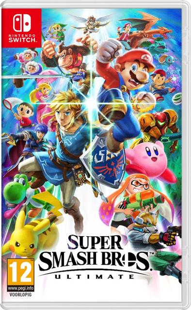 Super Smash Bros. Ultimate game cover. Met Mario, Link, Pikachu, Kirby en andere personages. Kleurrijke, actievolle scène.