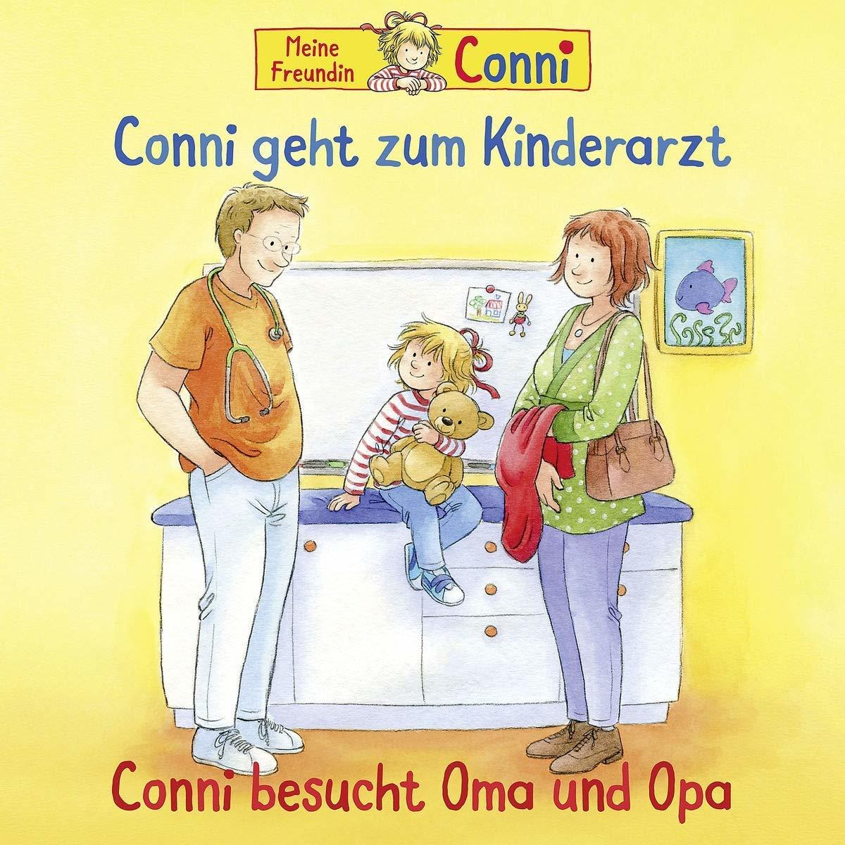 Kinderbuchcover mit Arzt, Kind und Frau. Ein Teddybär.