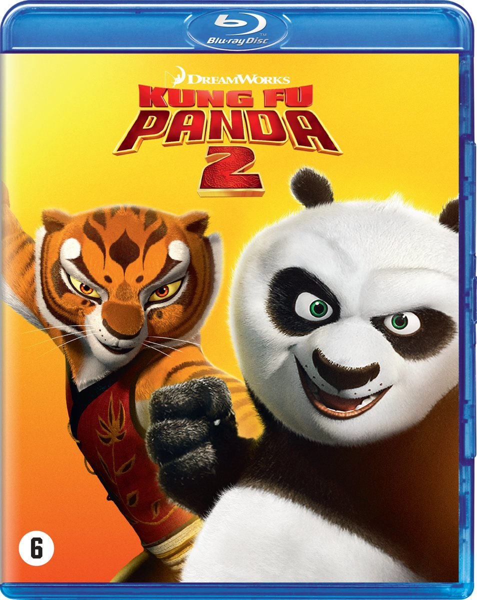 Kung Fu Panda 2 Blu-ray cover. Panda en Tigress worden getoond. Gele achtergrond.