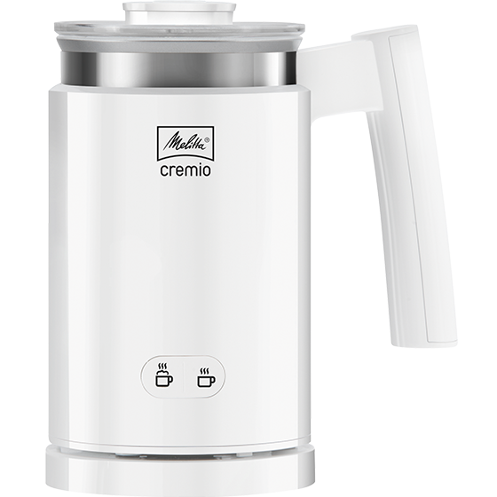 White Melitta Cremio milk frother with a silver lid. It has two buttons with cup icons.
