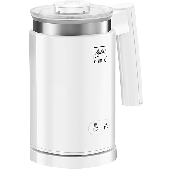 A white milk frother with a handle. It has the Melitta logo on it.