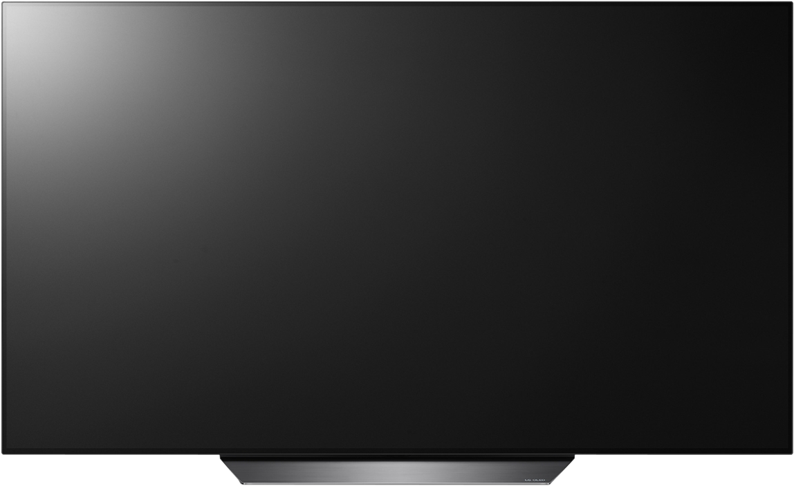 Un grand téléviseur à écran noir avec un support argenté. Il est éteint.