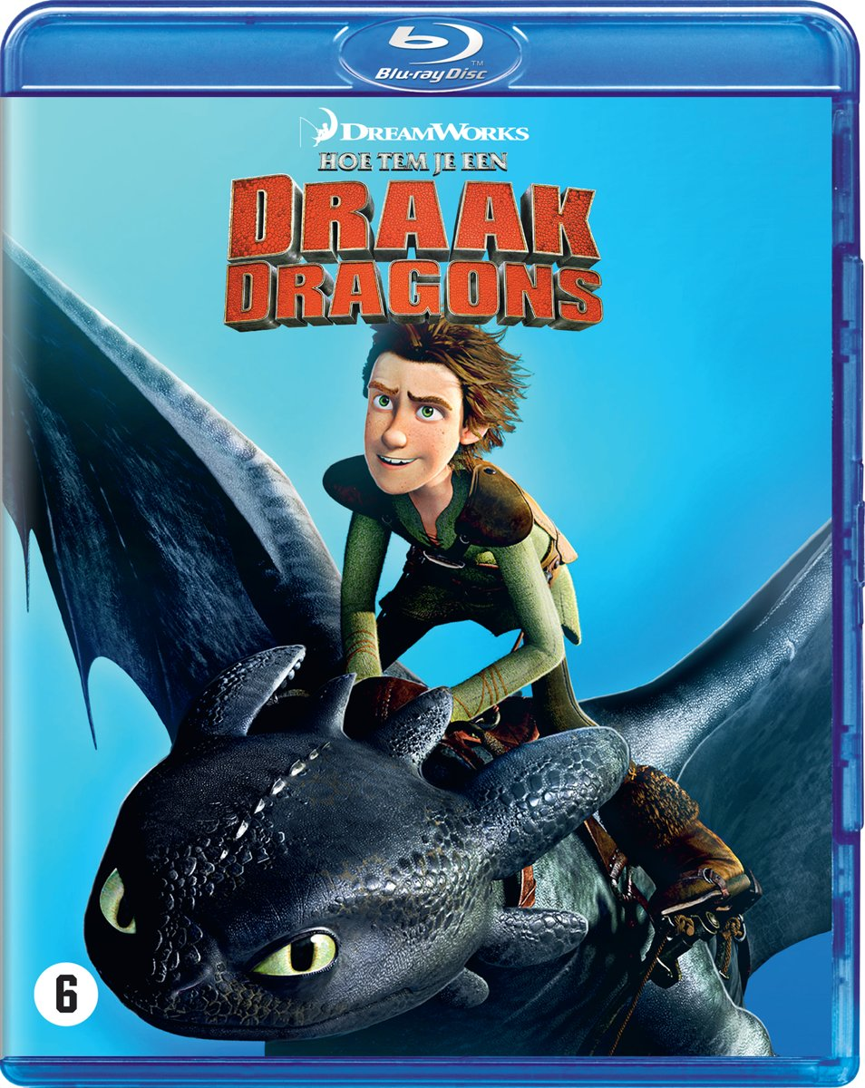 Comment dresser votre dragon, couverture Blu-ray. Un garçon sur un dragon. Le titre est au centre.