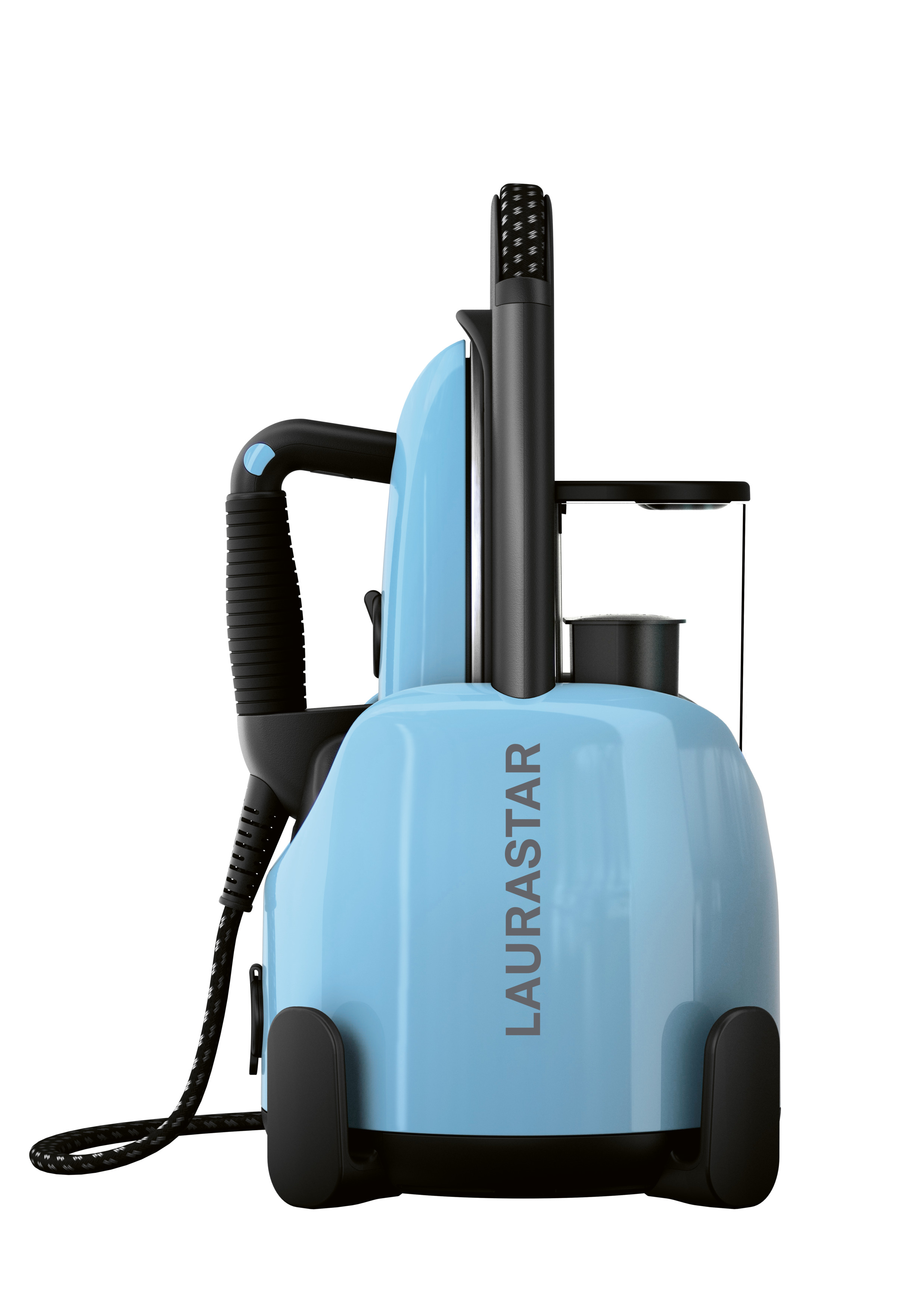 Sistema stirante Laurastar azzurro chiaro, vista laterale, cavo nero, sfondo bianco.