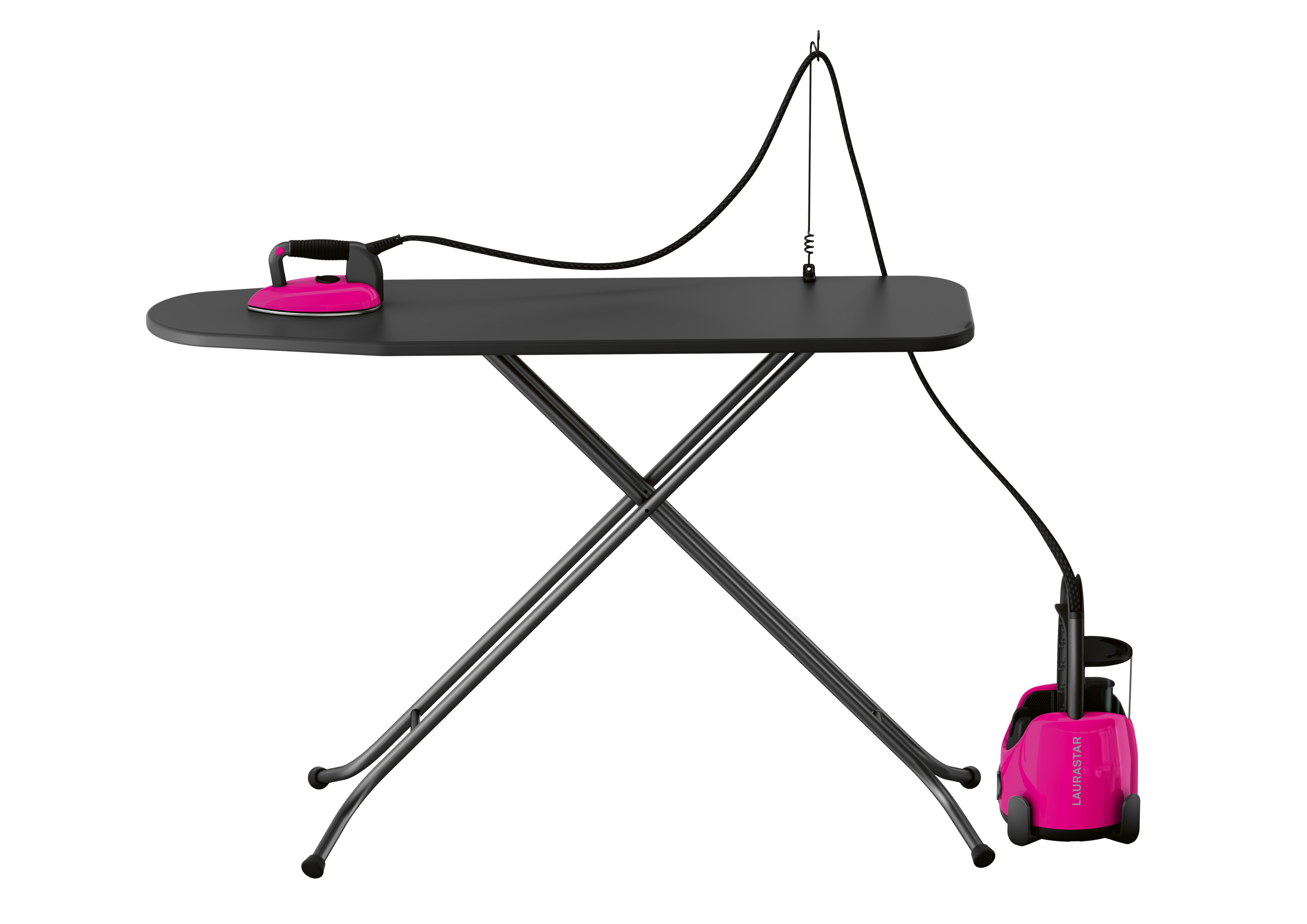 Table à repasser avec fer à repasser et générateur de vapeur. Rose et noir. Fond blanc.
