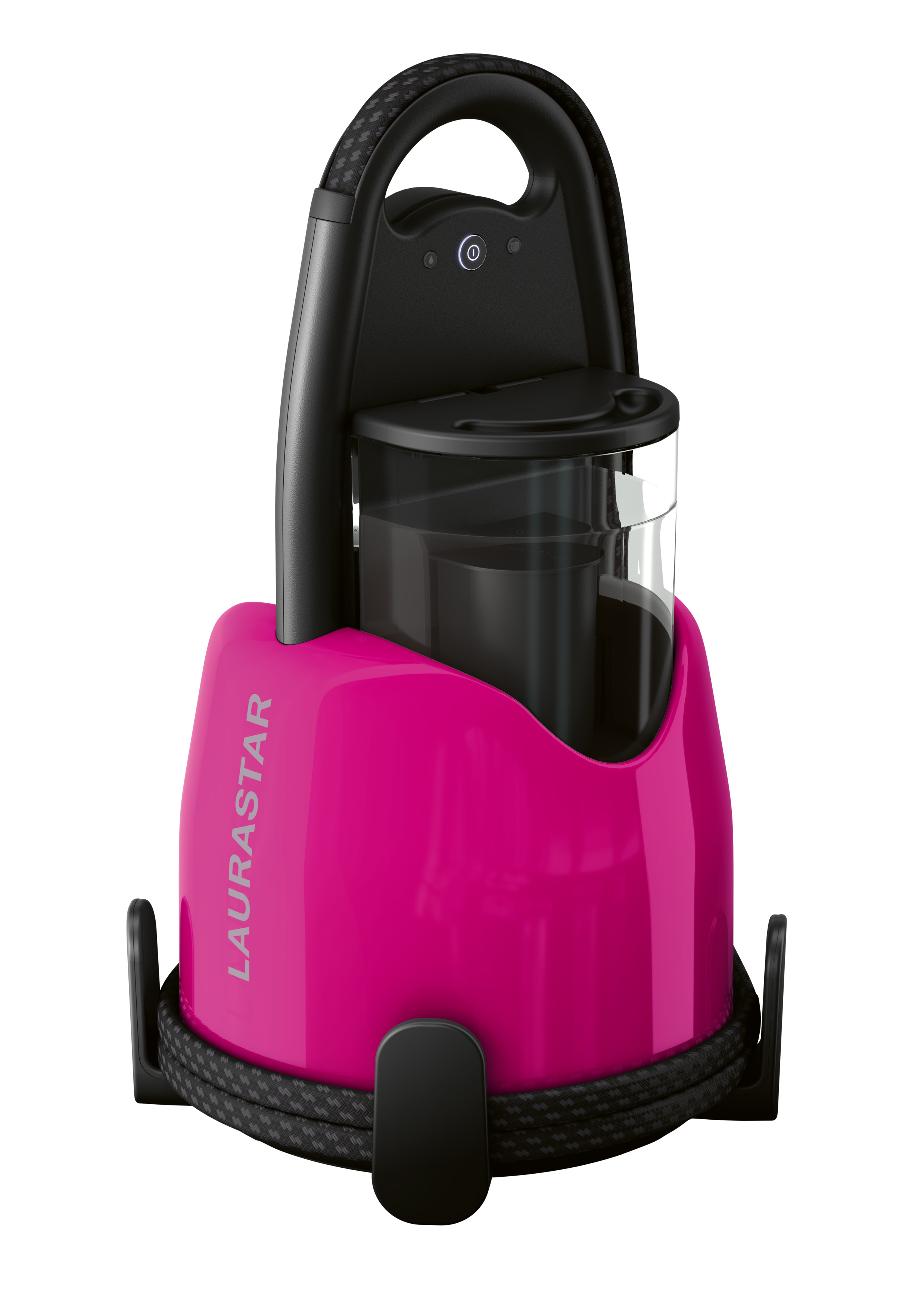 Centrale vapeur Laurastar rose. Poignée noire et enrouleur de cordon visibles.