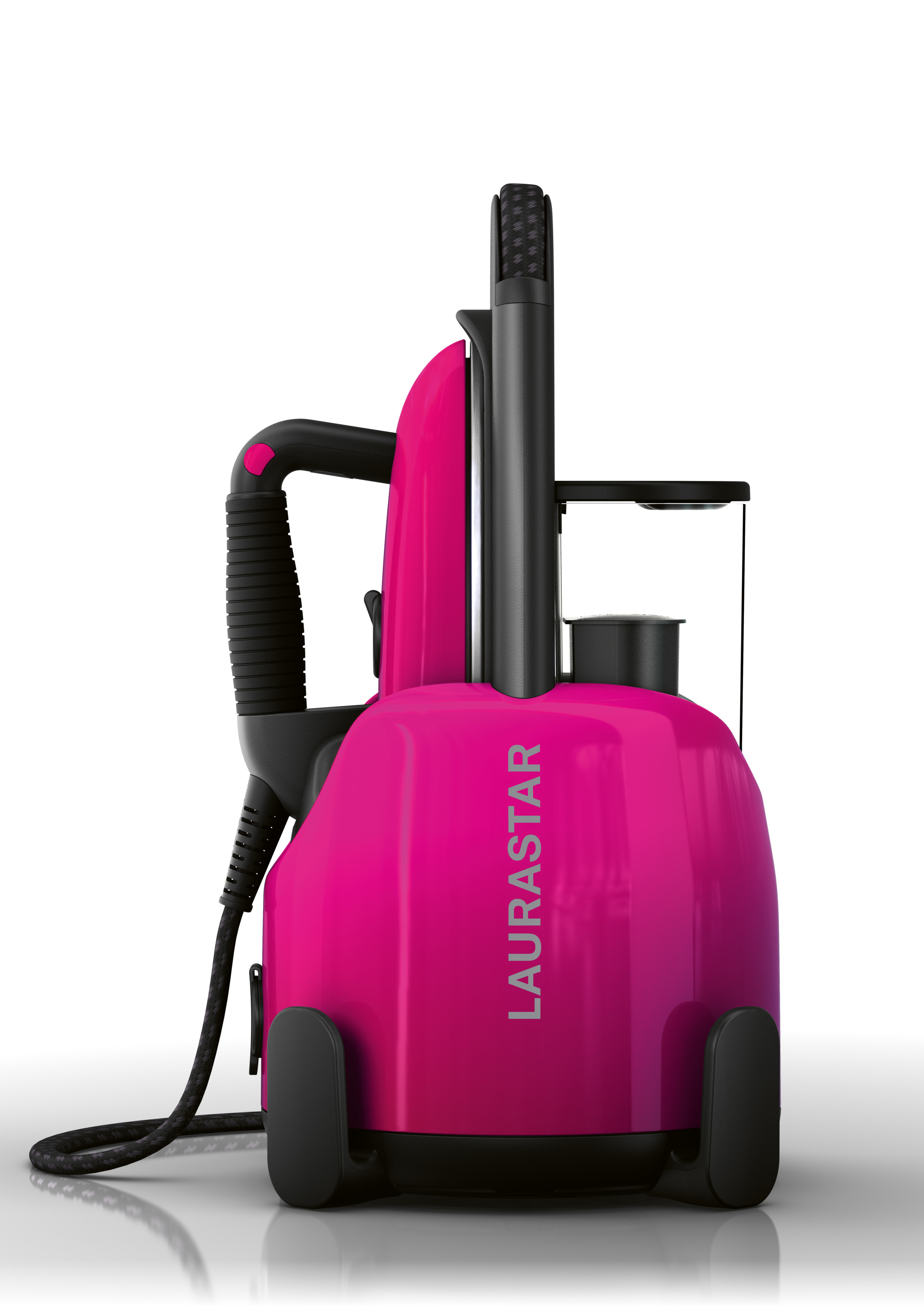 Fer à repasser Laurastar rose avec poignée, cordon et base noirs.
