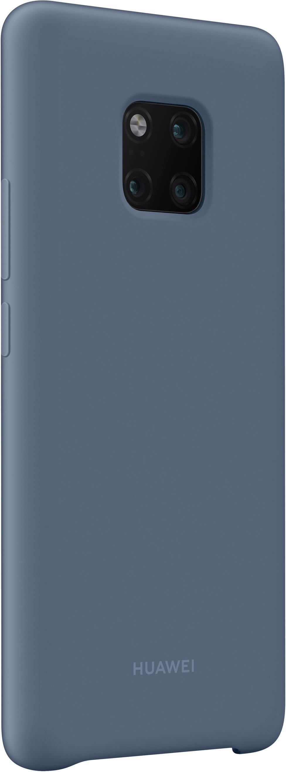 Eine blaue Huawei-Handyhülle. Die Hülle ist hellblau, mit einem Kameraausschnitt und dem Huawei-Logo unten.