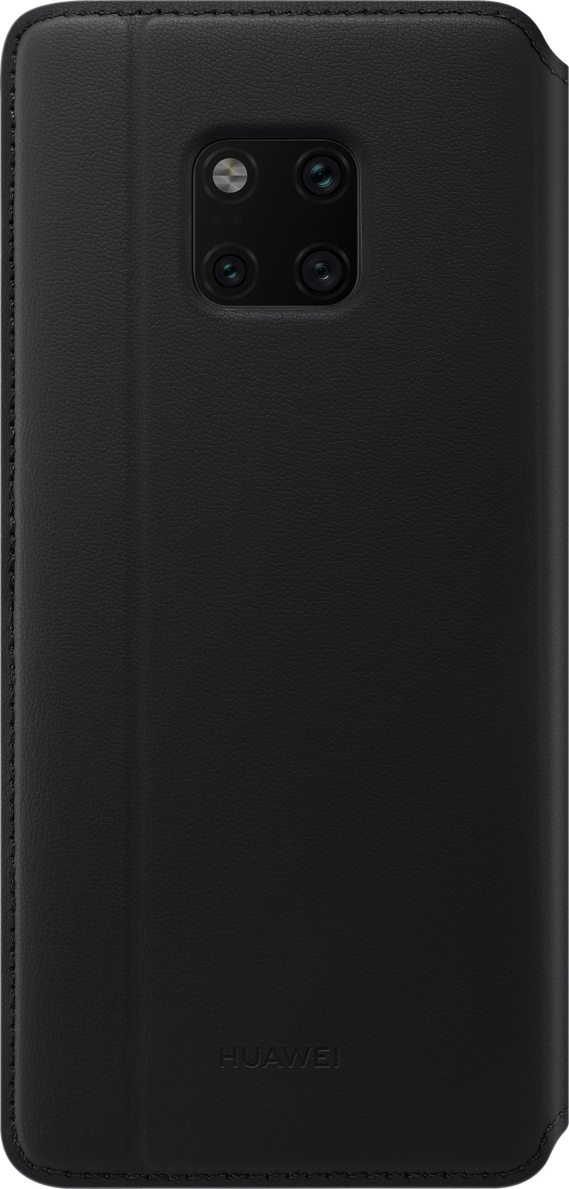Eine schwarze Huawei-Handyhülle. Geschlossen, Außenseite mit Kameraausschnitten und Logo.