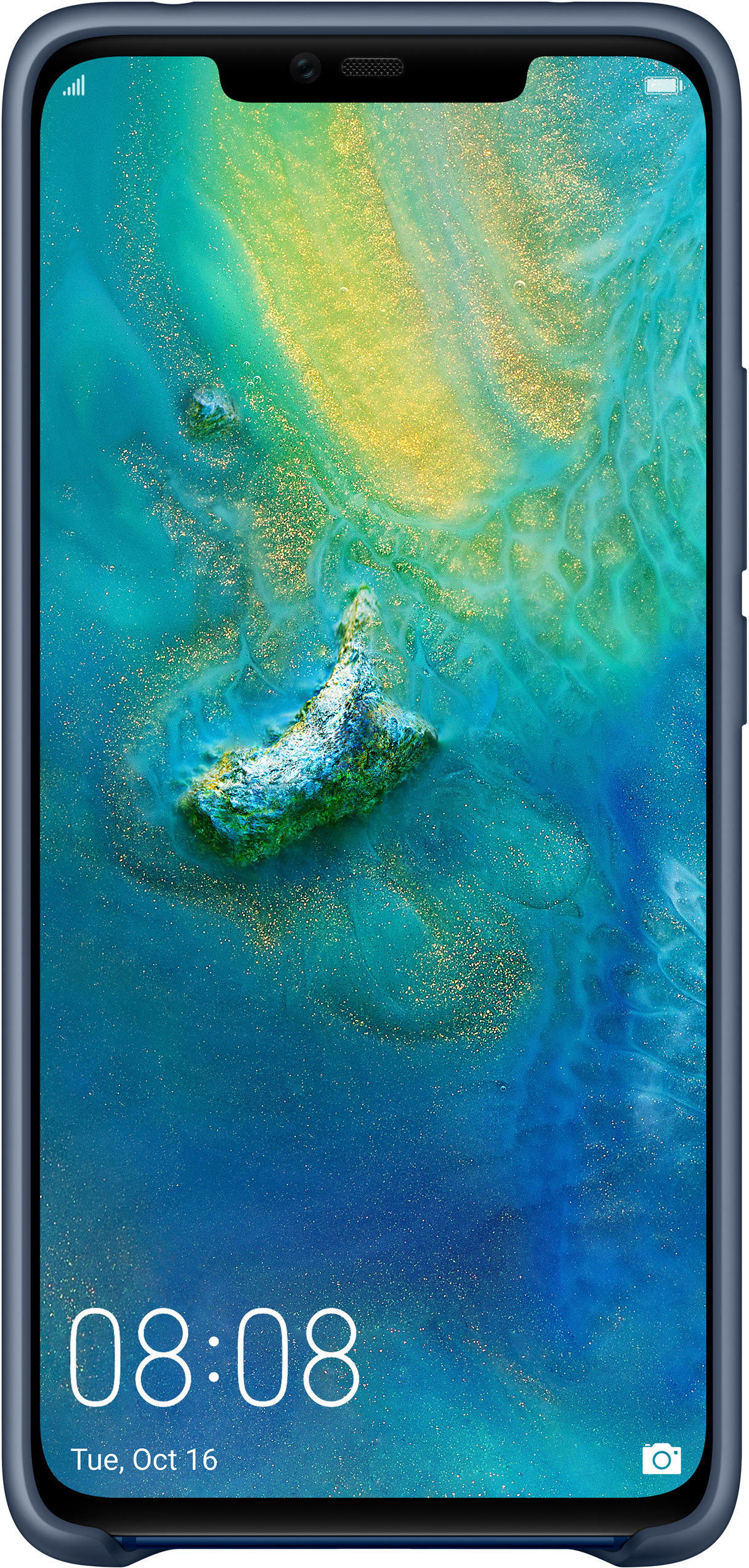 Ein blaues Smartphone mit großem Bildschirm, der ein farbenfrohes abstraktes Bild und die Uhrzeit 08:08 zeigt.
