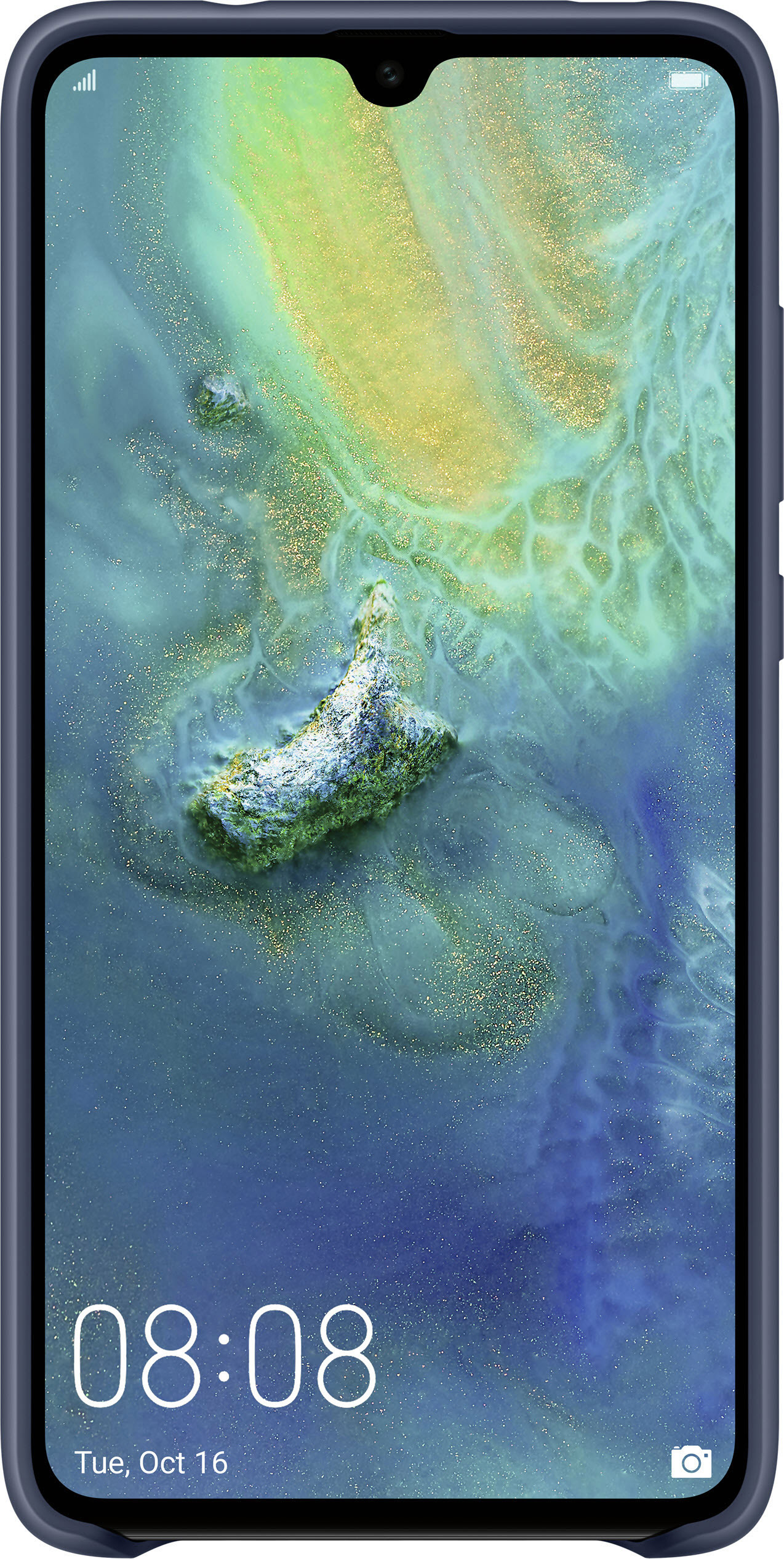 Ein blaues Huawei-Telefon. Es zeigt die Uhrzeit und das Datum an. Es ist auf weißem Hintergrund.