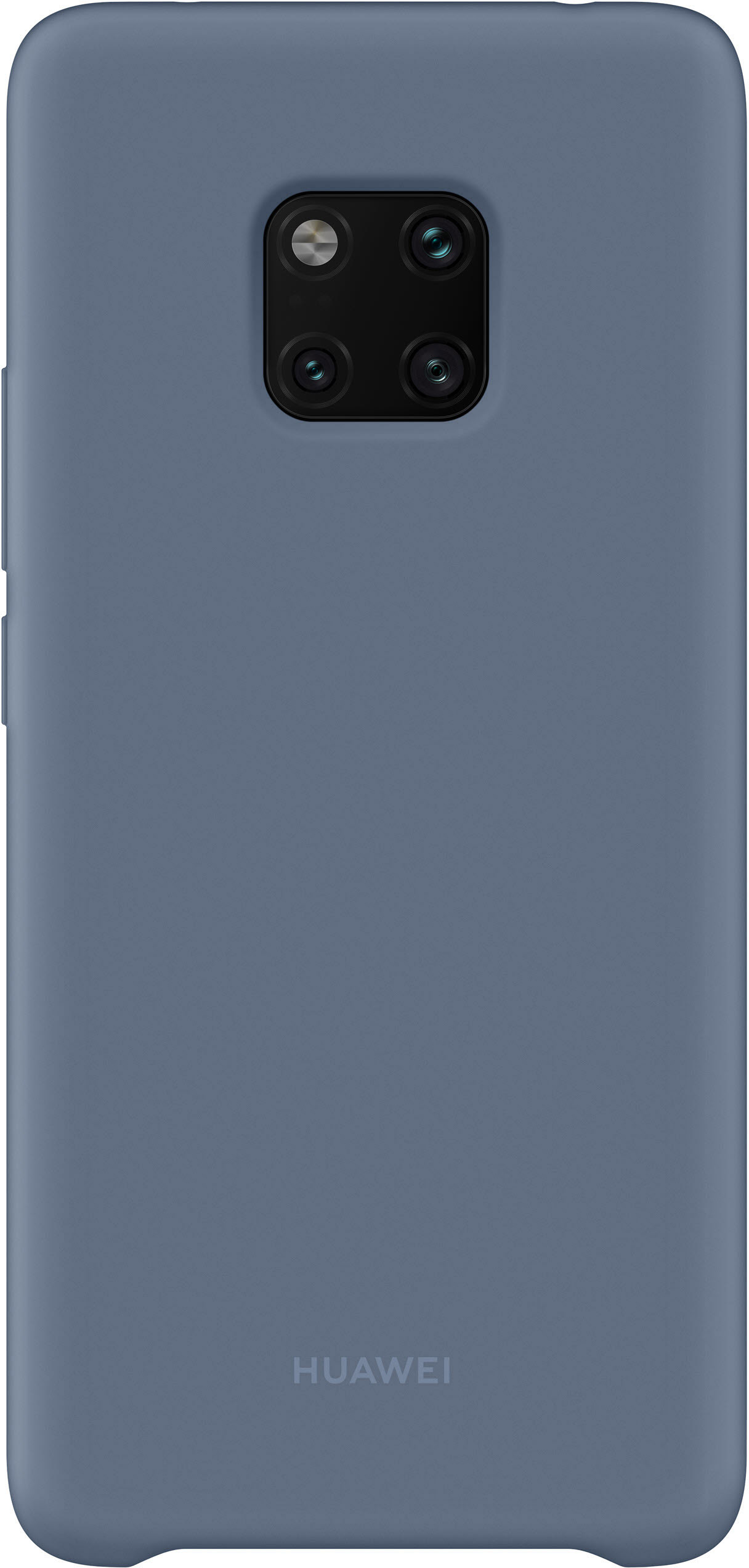 Blaue Handyhülle für ein Telefon. Die Rückseite hat das 'HUAWEI'-Logo und Kameralinsen.