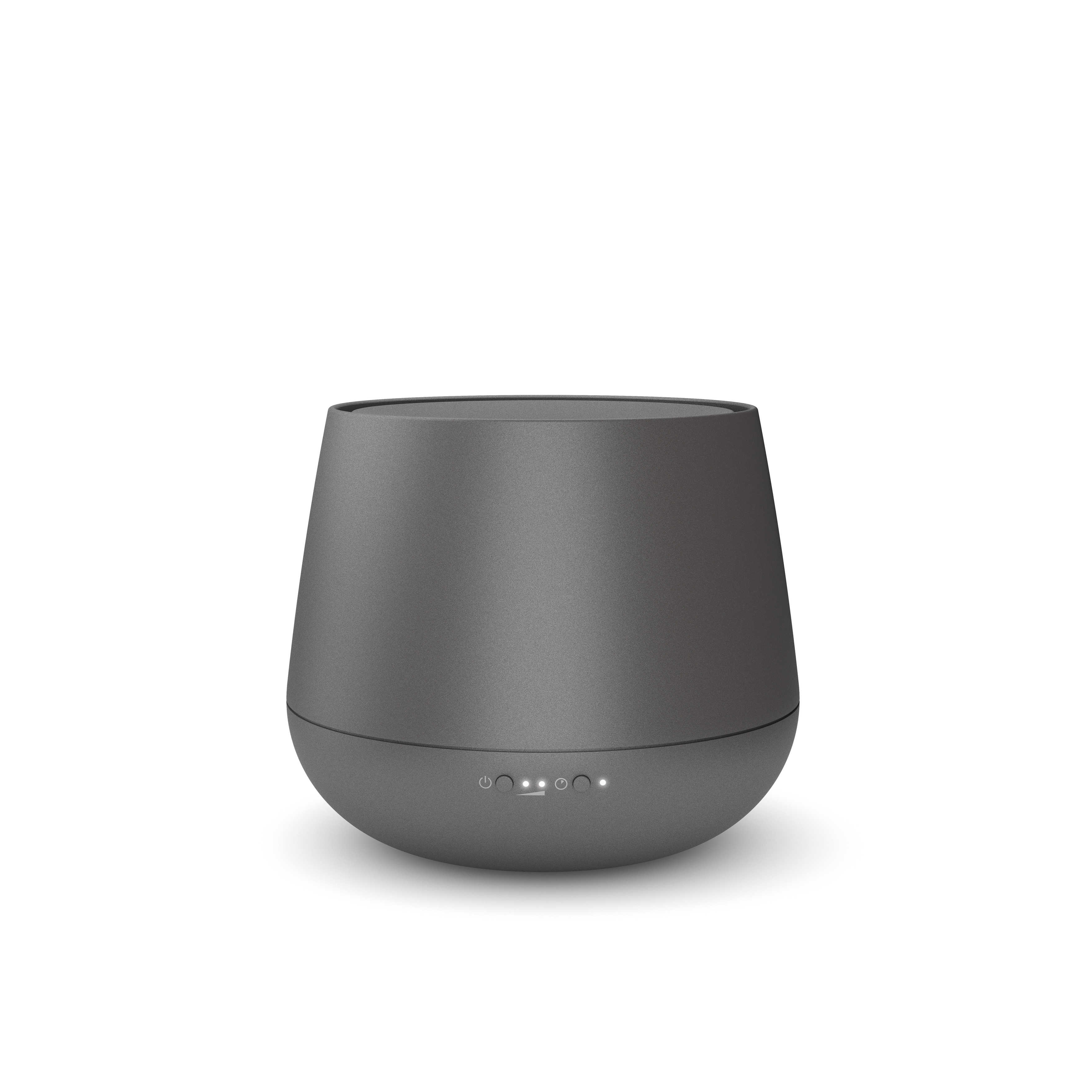 Dunkelgrauer, runder, moderner Diffusor für ätherische Öle mit Touch-Bedienelementen.