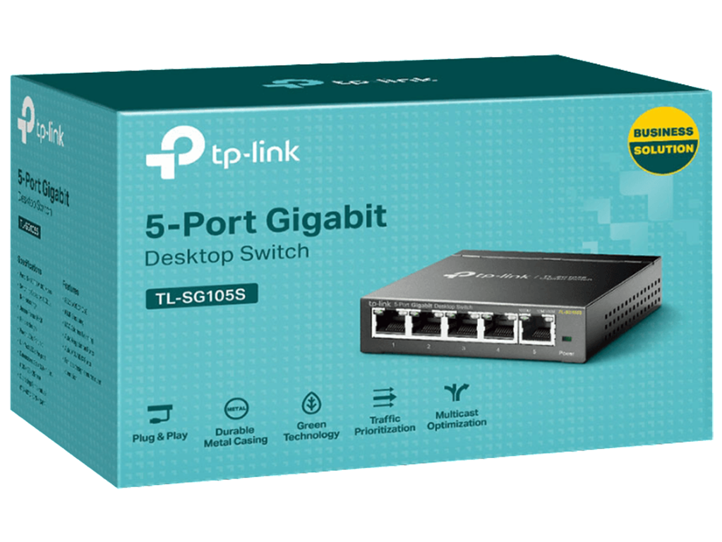 Een blauw-witte doos met een netwerkswitch erin. Er staat '5-Port Gigabit Desktop Switch' op.