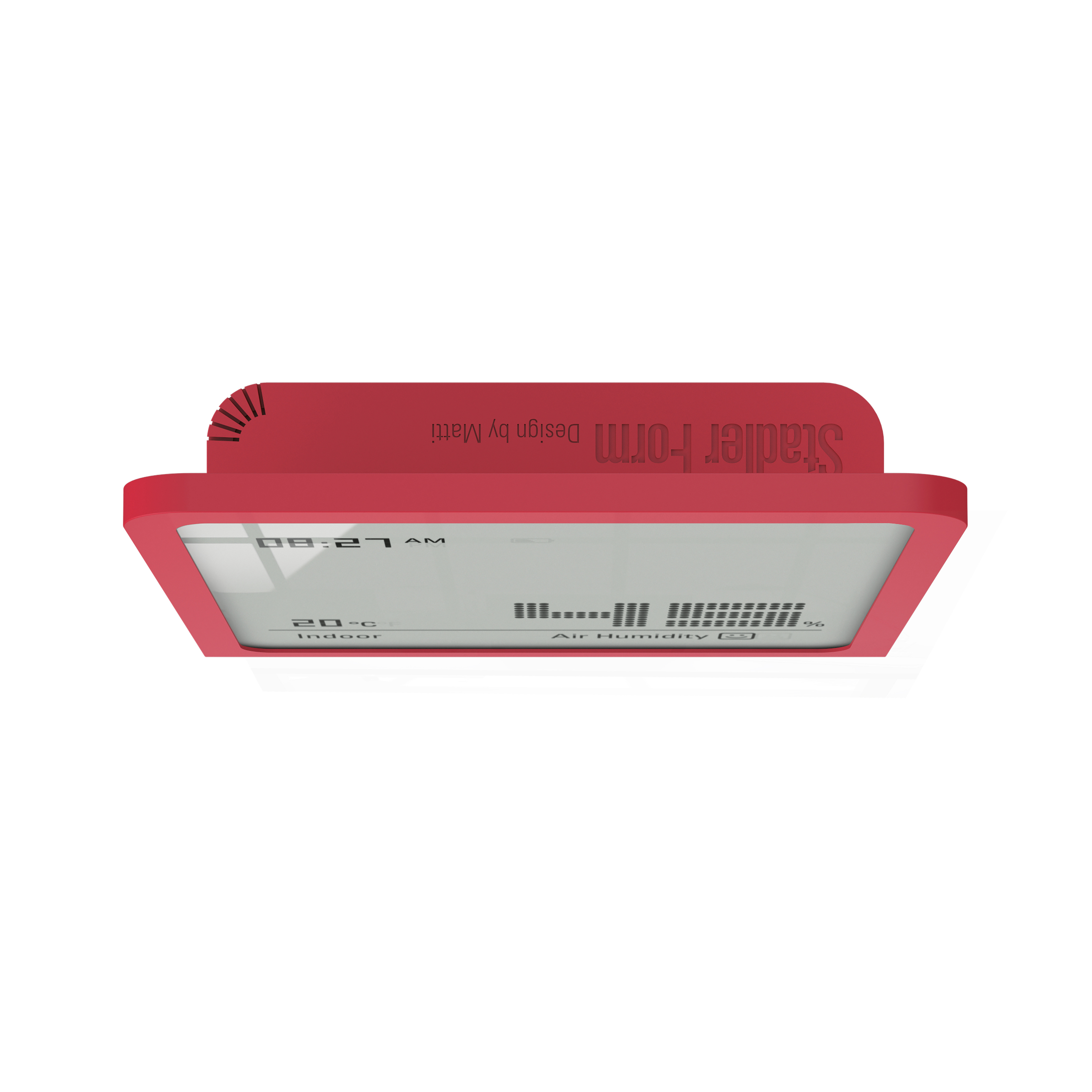 Rotes digitales Anzeigegerät von Stadler Form, das Zeit, Temperatur und Luftfeuchtigkeit anzeigt.