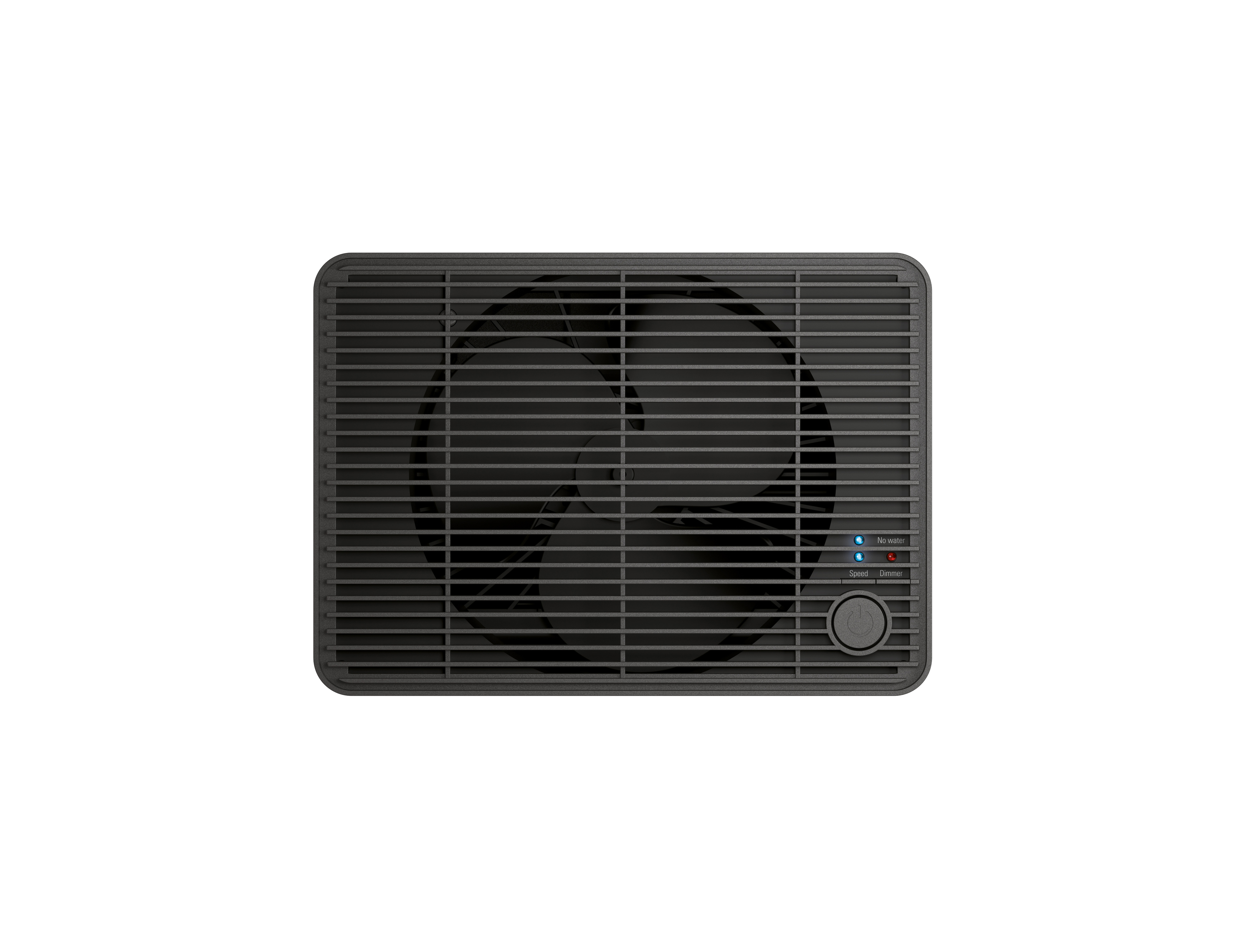 Ein schwarzer Luftreiniger mit Ventilator und Steuertaste, von oben gesehen.