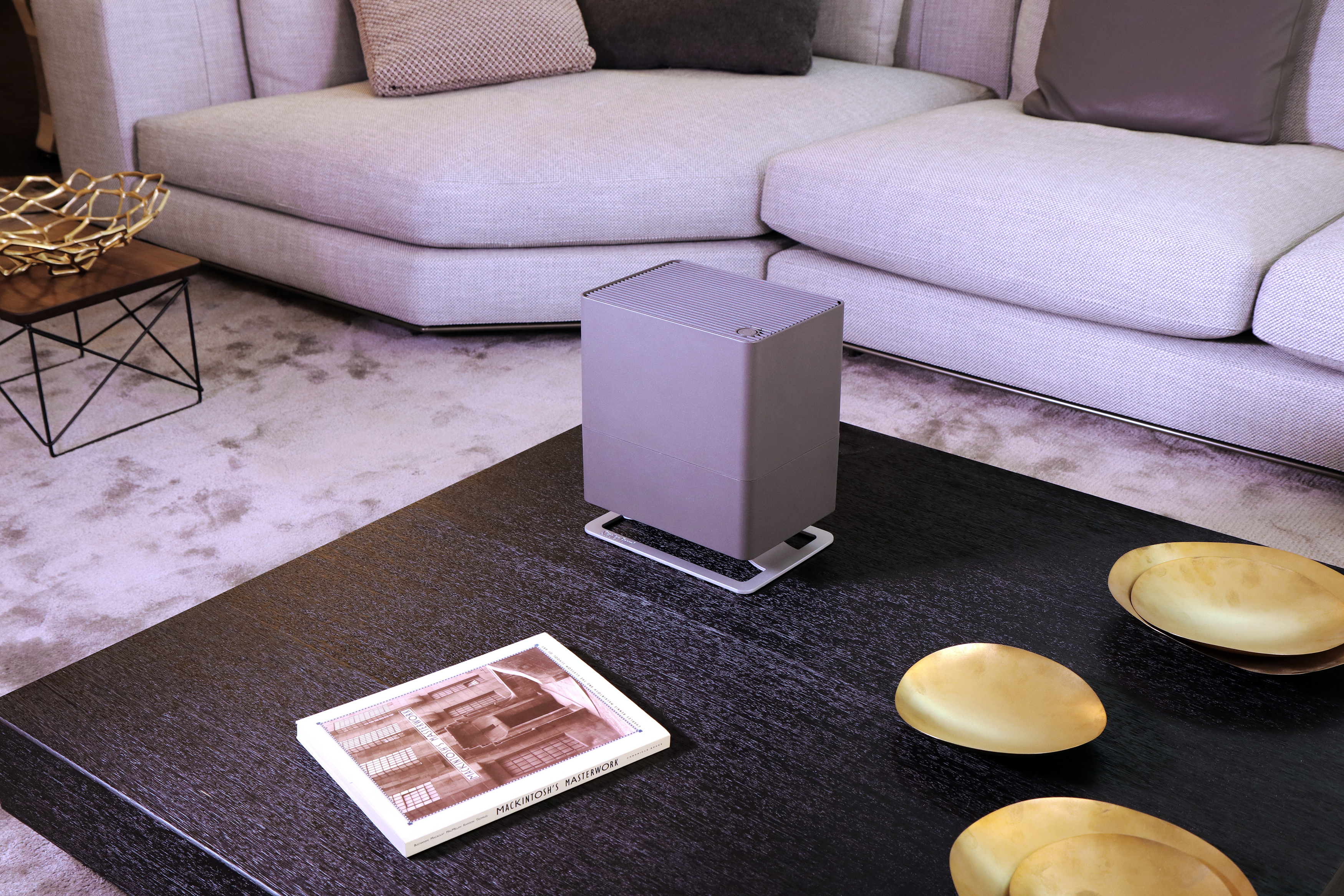 Modernes Wohnzimmer mit Couchtisch, Luftbefeuchter und grauem Sofa.