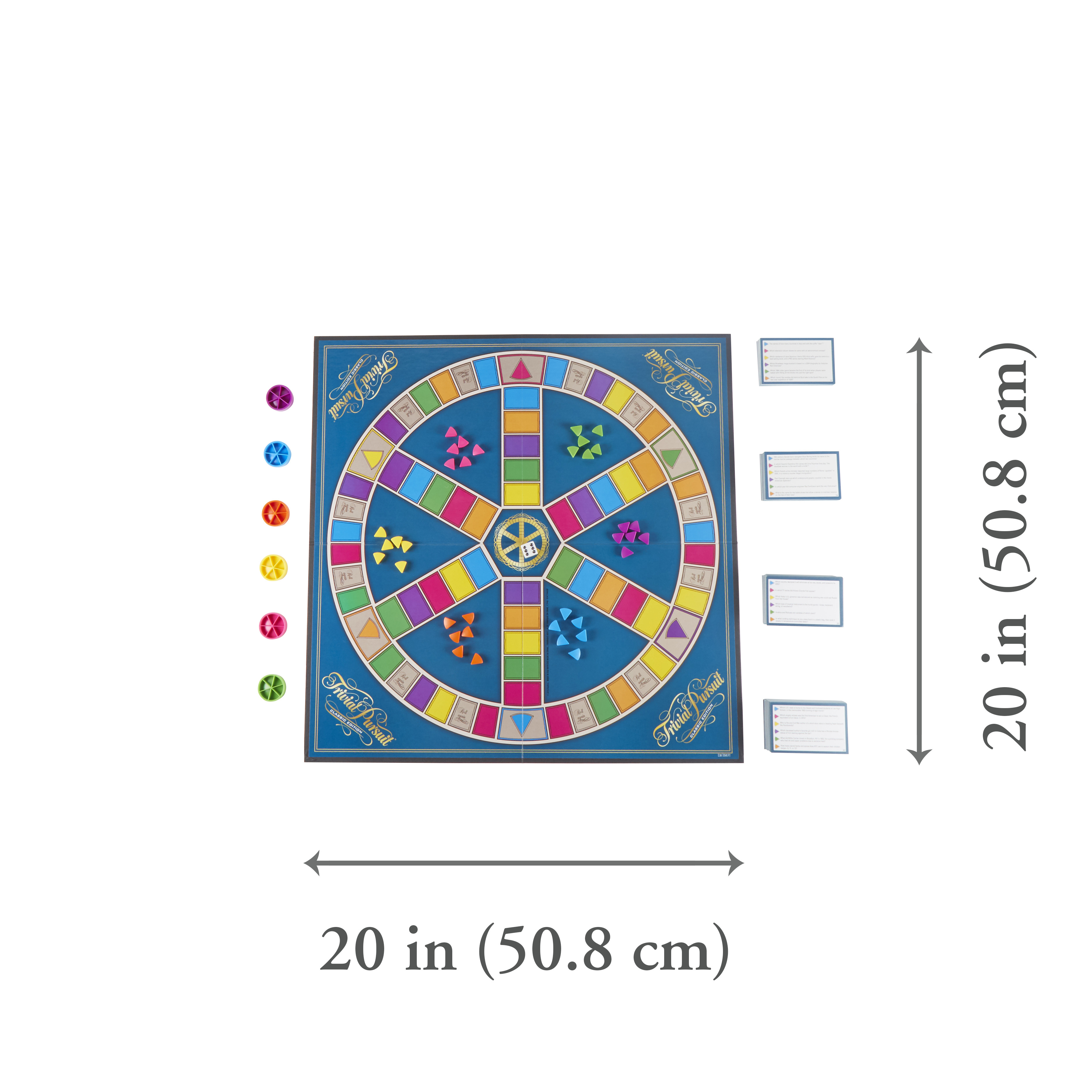 Trivial Pursuit Spielbrett mit bunten Torten-Segmenten. Spielsteine und Karten an der Seite.