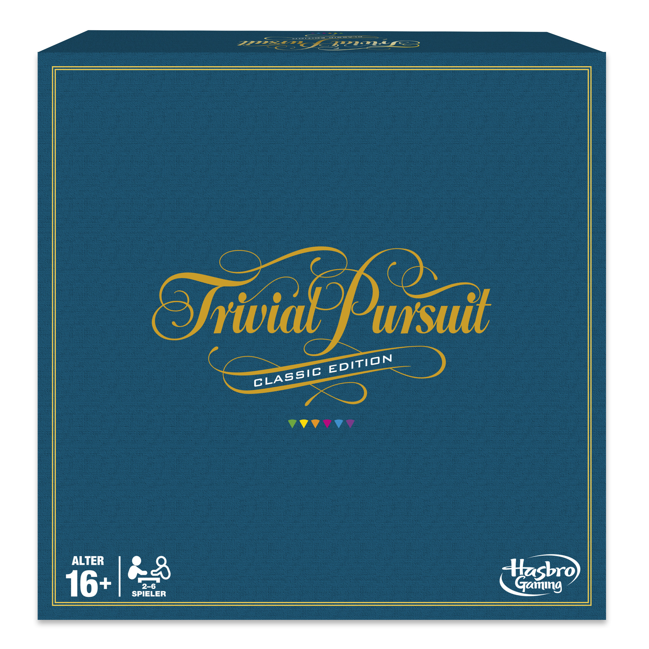 Trivial Pursuit Brettspielbox. Sie ist blau mit goldenem Text und Rand. Alter 16+.