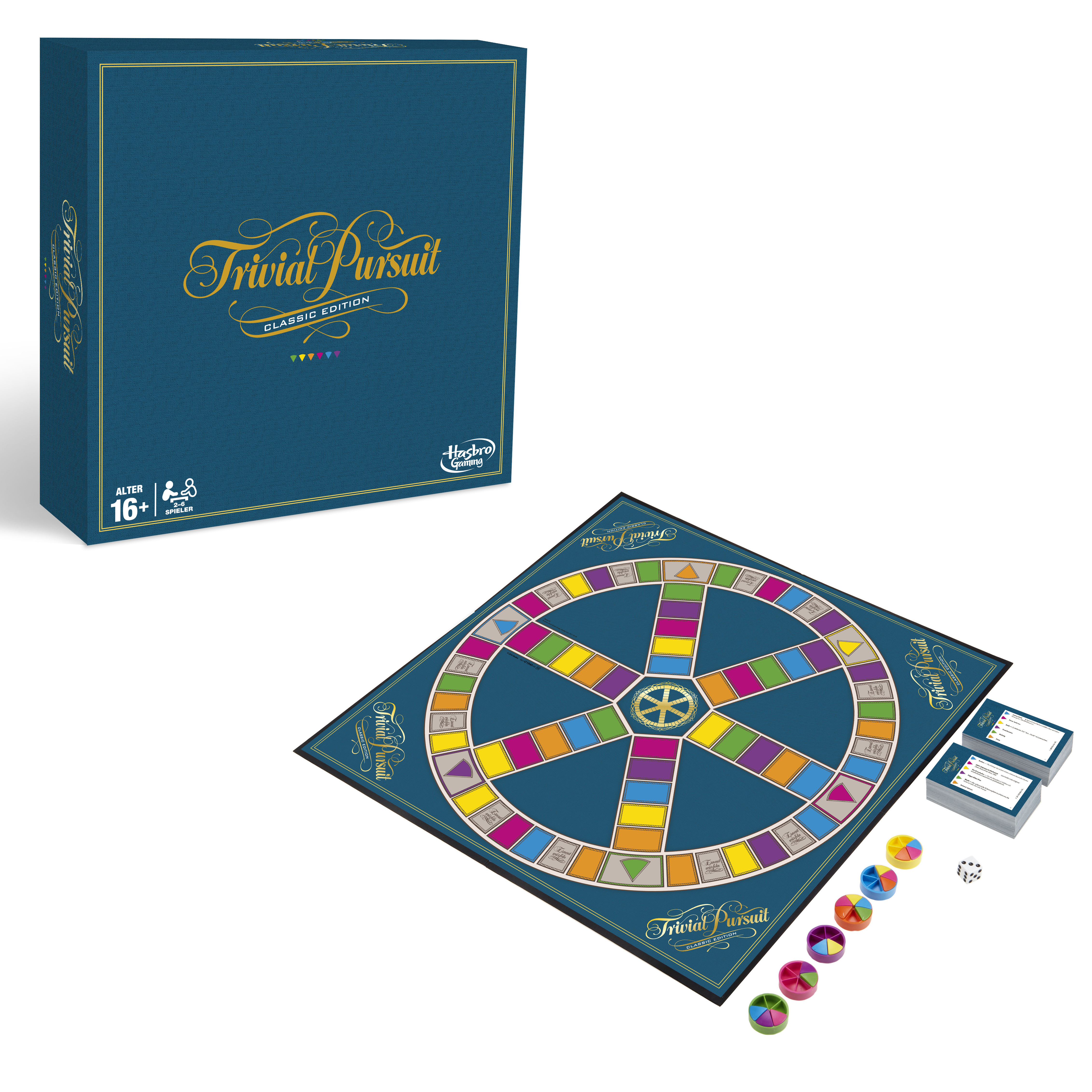 Trivial Pursuit Spielset. Enthält eine Box, Spielbrett, Tortenstücke, Fragekarten und einen Würfel. Blau, Gelb, Rot, Grün.