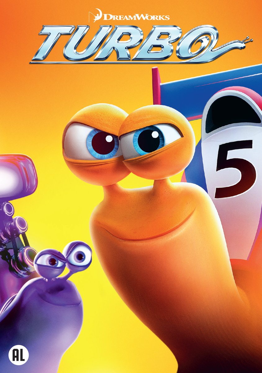 Affiche du film Turbo avec deux escargots oranges. Le logo DreamWorks est en haut. Fond orange.