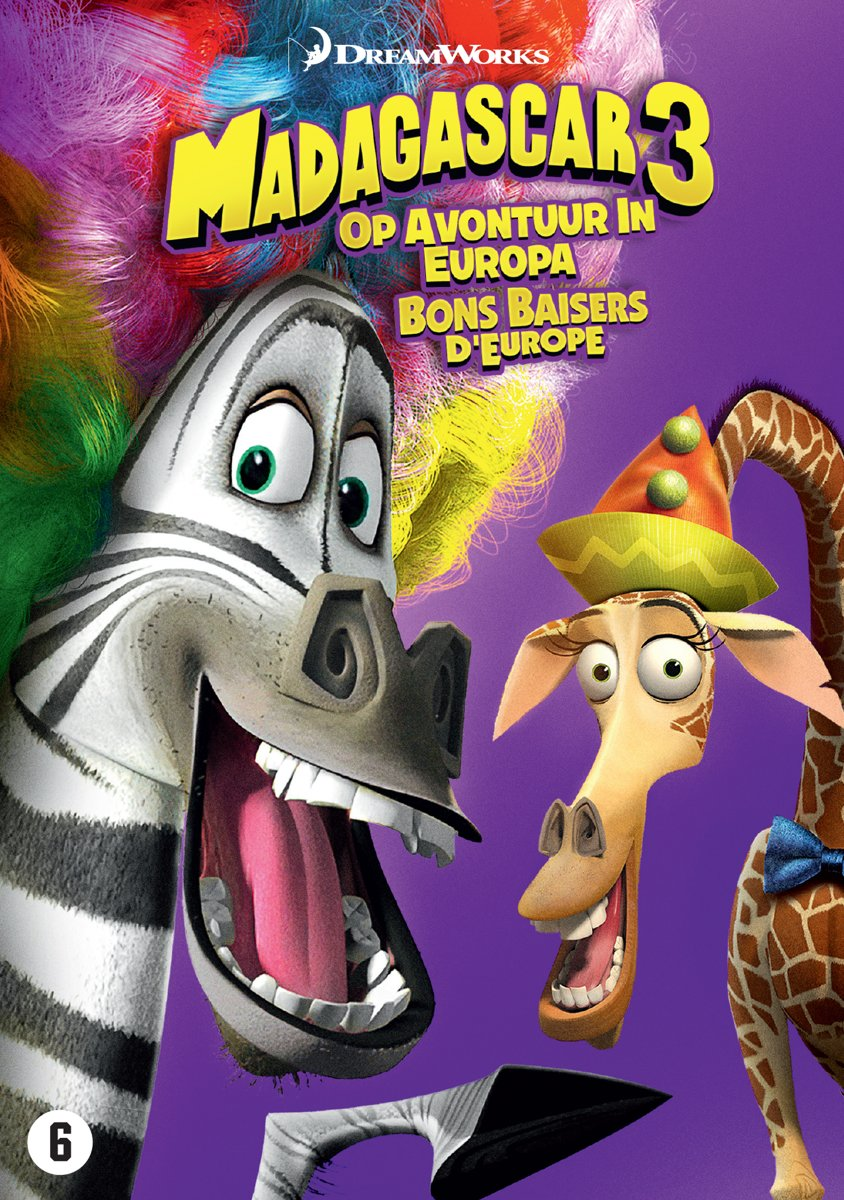 Madagascar 3 filmposter. Zebra en giraffe met kleurrijk haar, paarse achtergrond.