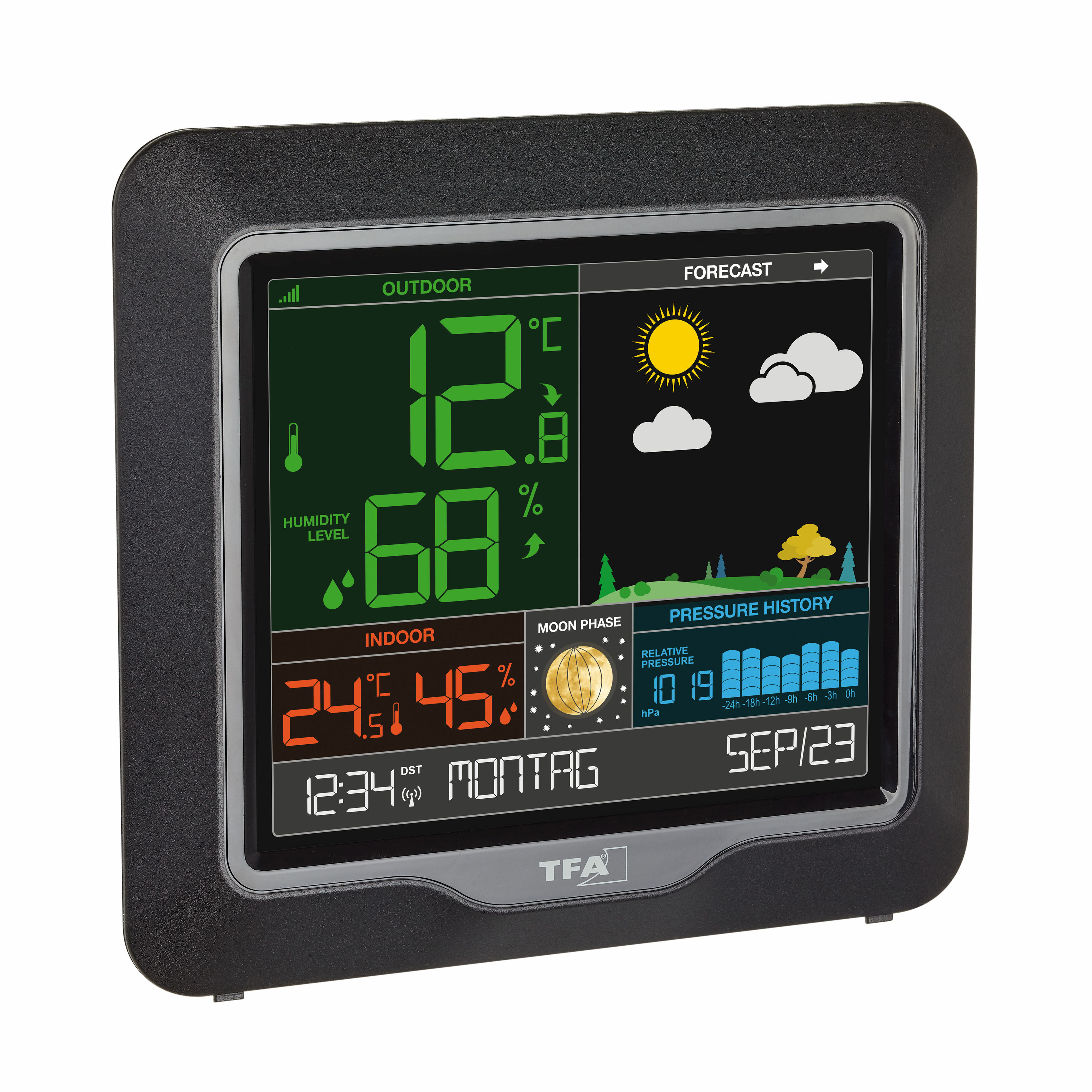 Eine schwarze Wetterstation mit farbigem Display. Zeigt Außen-/Innentemperaturen, Luftfeuchtigkeit und Prognose.