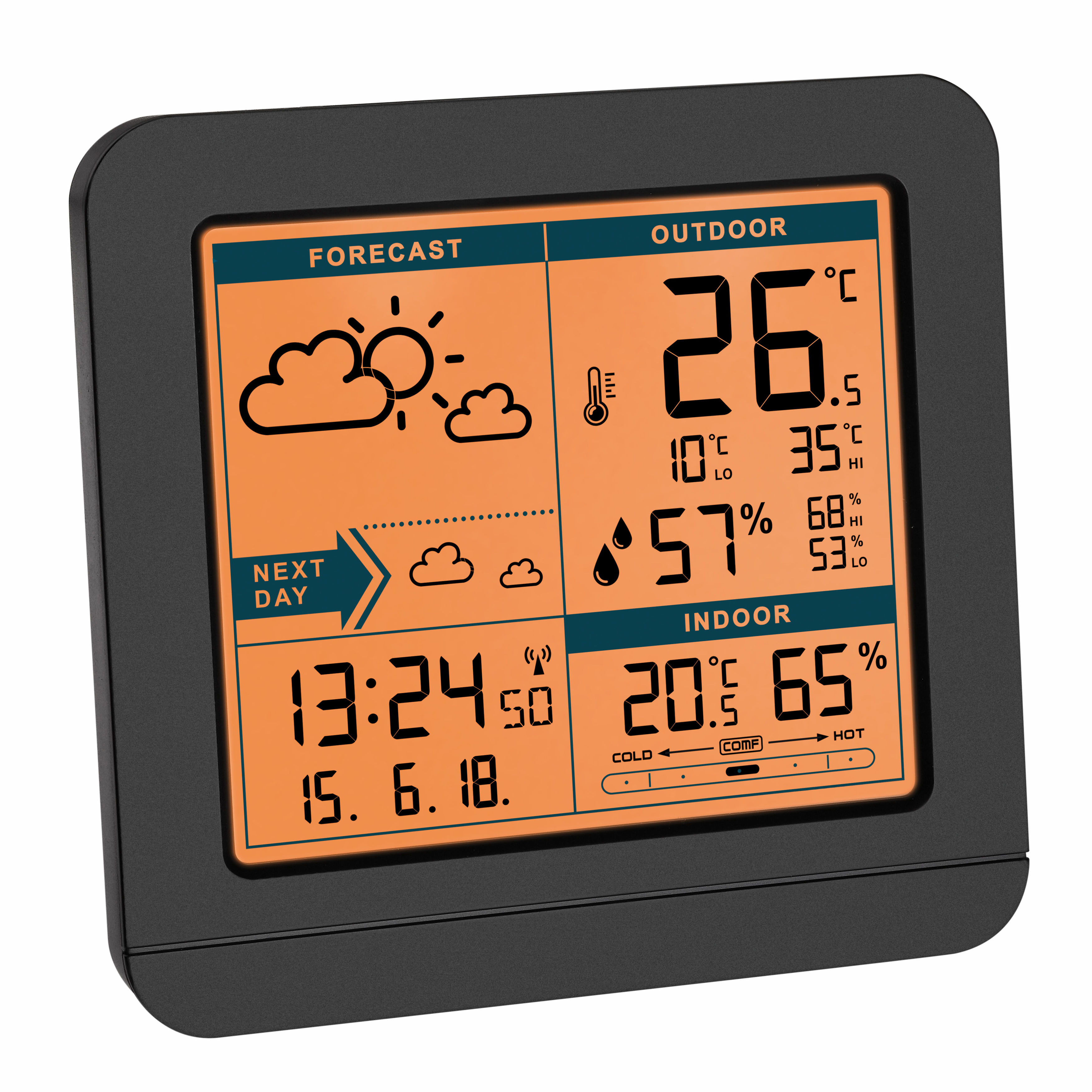 Digitale Wetterstation, die Vorhersage, Temperatur, Feuchtigkeit und Zeit anzeigt.