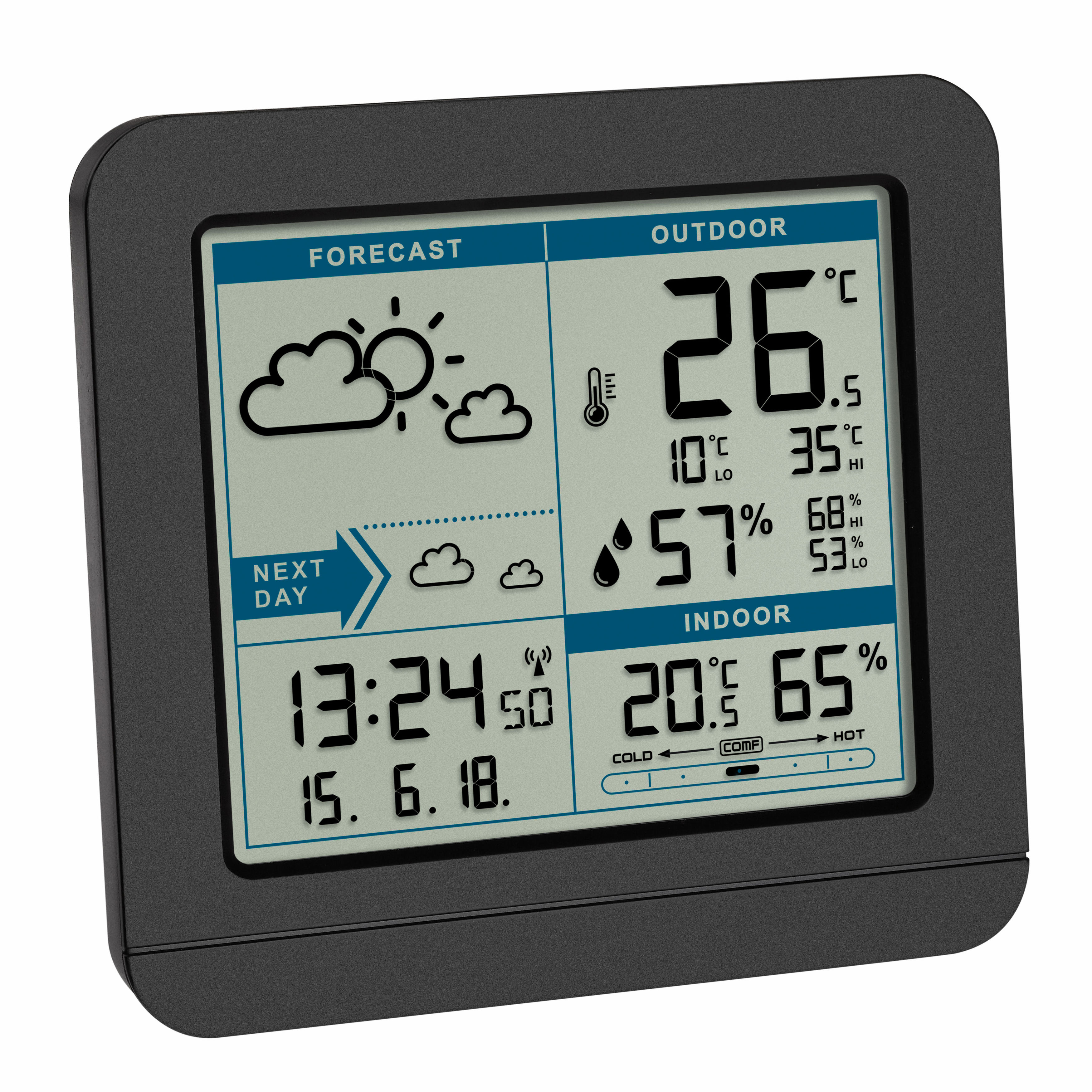 Digitale Wetterstation. Zeigt Vorhersage, Außen-/Innentemperatur, Luftfeuchtigkeit und Uhrzeit an.